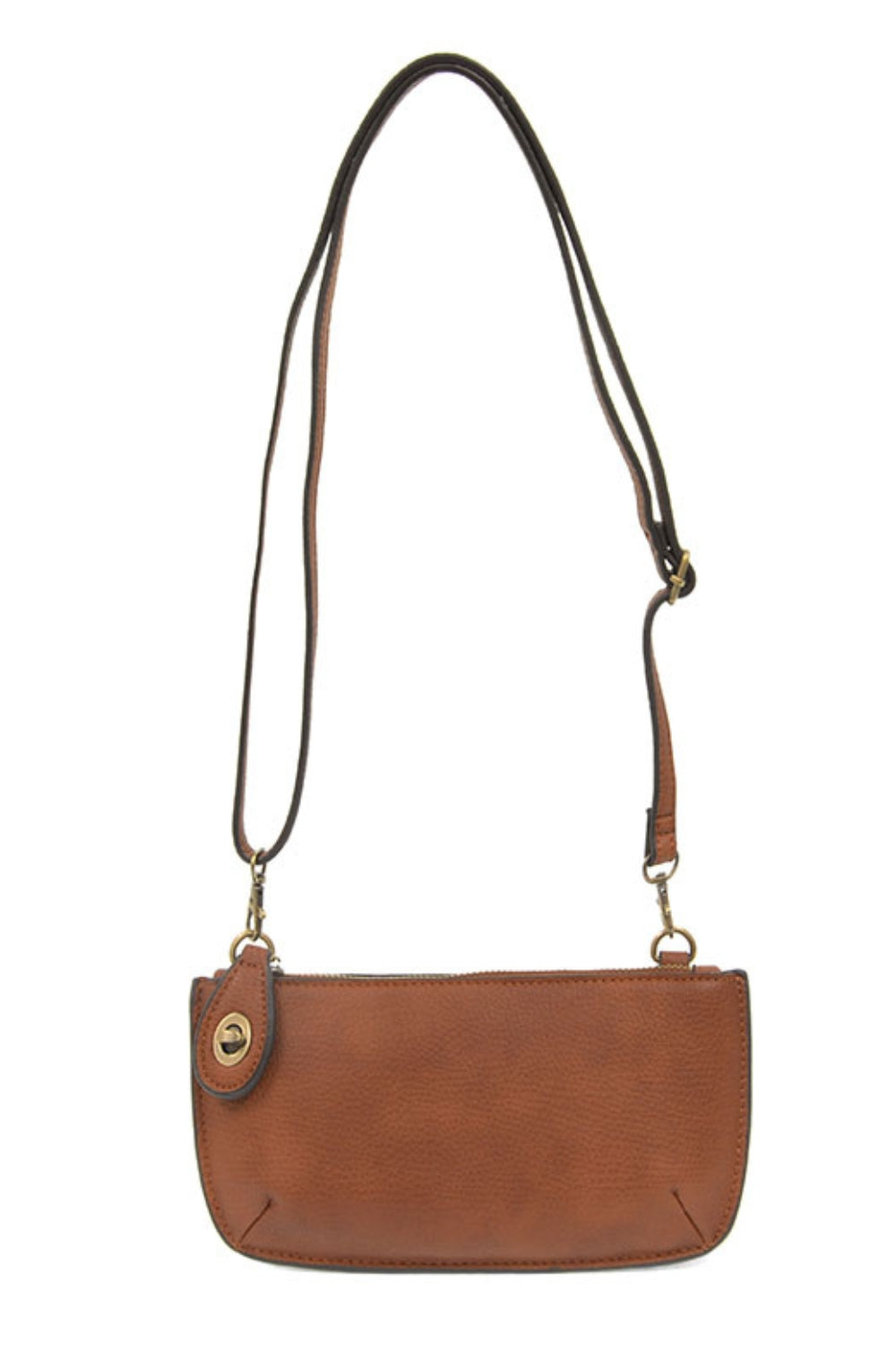 Brown leather handbag with a strap on a white background