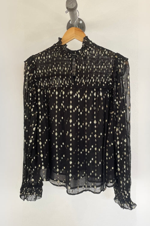 Black Geo Print Ruffle Top