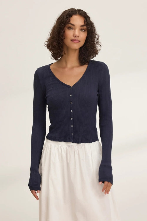 Velvet Drew Ribbed Cardigan in Navy | Shop Eleanor