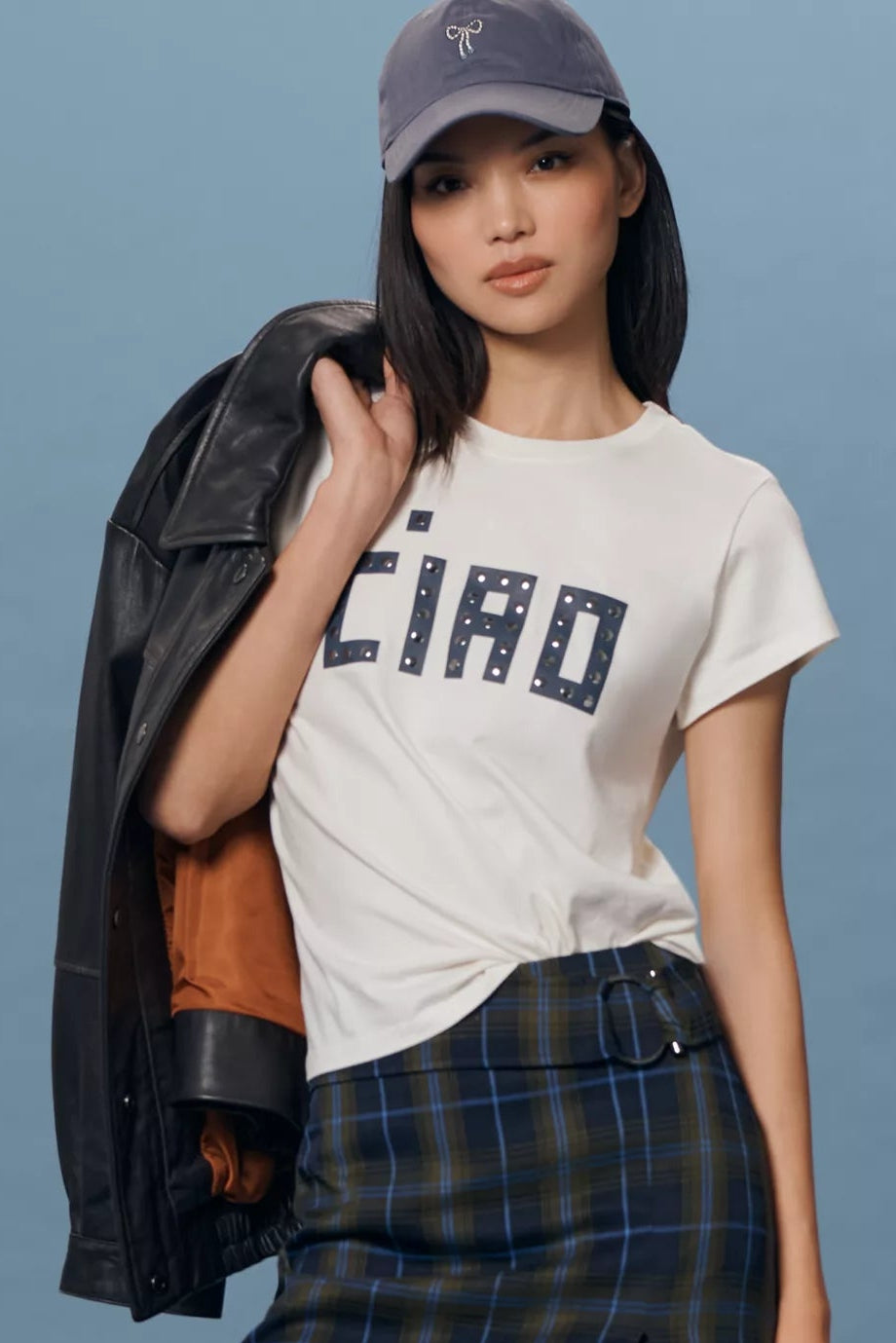 Clare V. Classic Tee in Block Ciao with Studs | Shop Eleanor