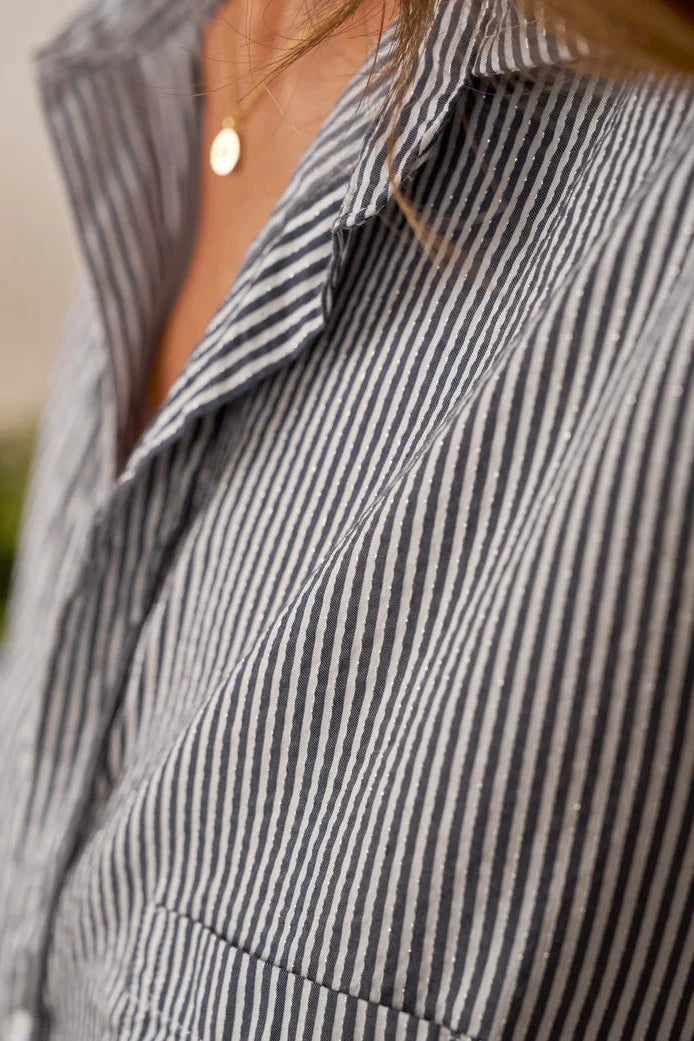 Frank & Eileen Eileen Button-Up in Blue/Silver Stripe | Shop Eleanor - Women's Designer Apparel in Colorado