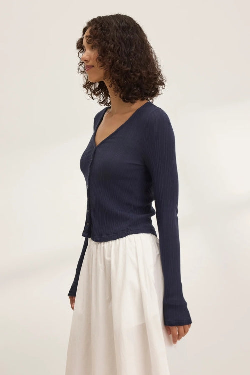 Velvet Drew Button Front Ribbed Cardigan in Navy | Shop Eleanor