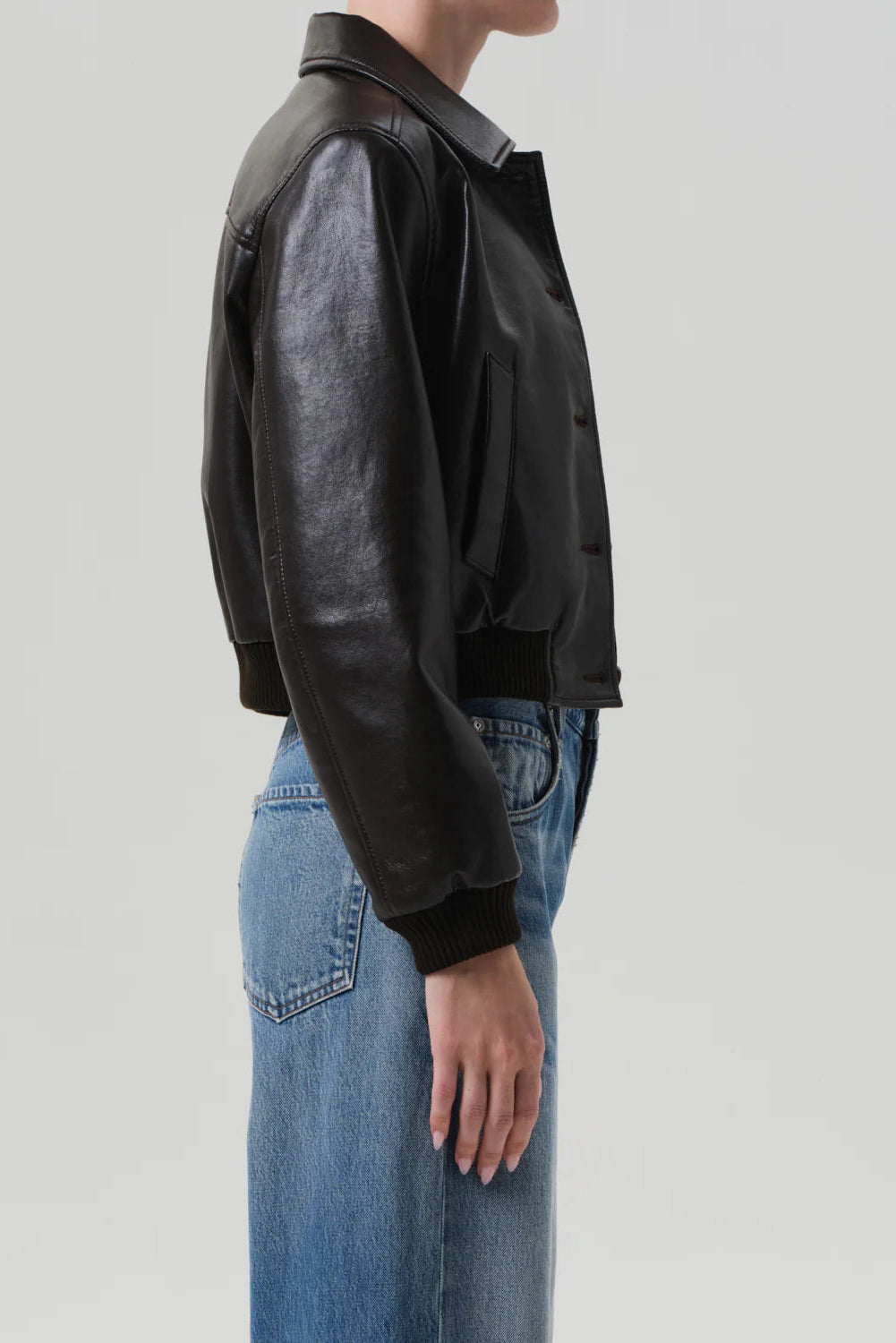 brown button-front recycled leather bomber jacket in brown