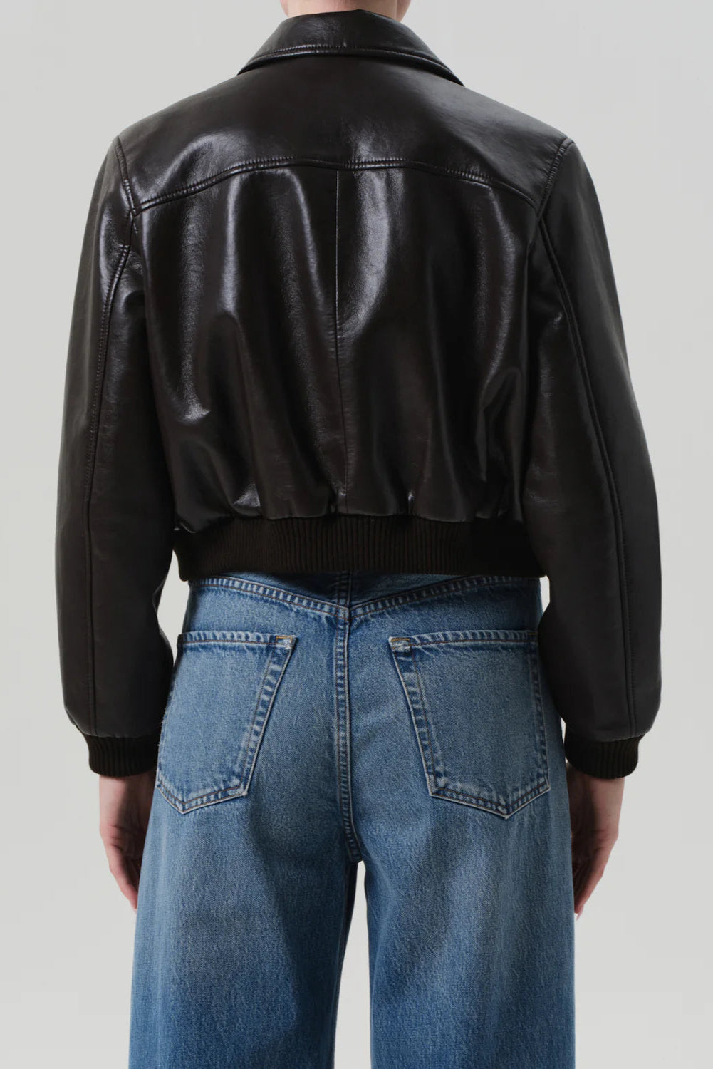 brown cropped leather bomber jacket