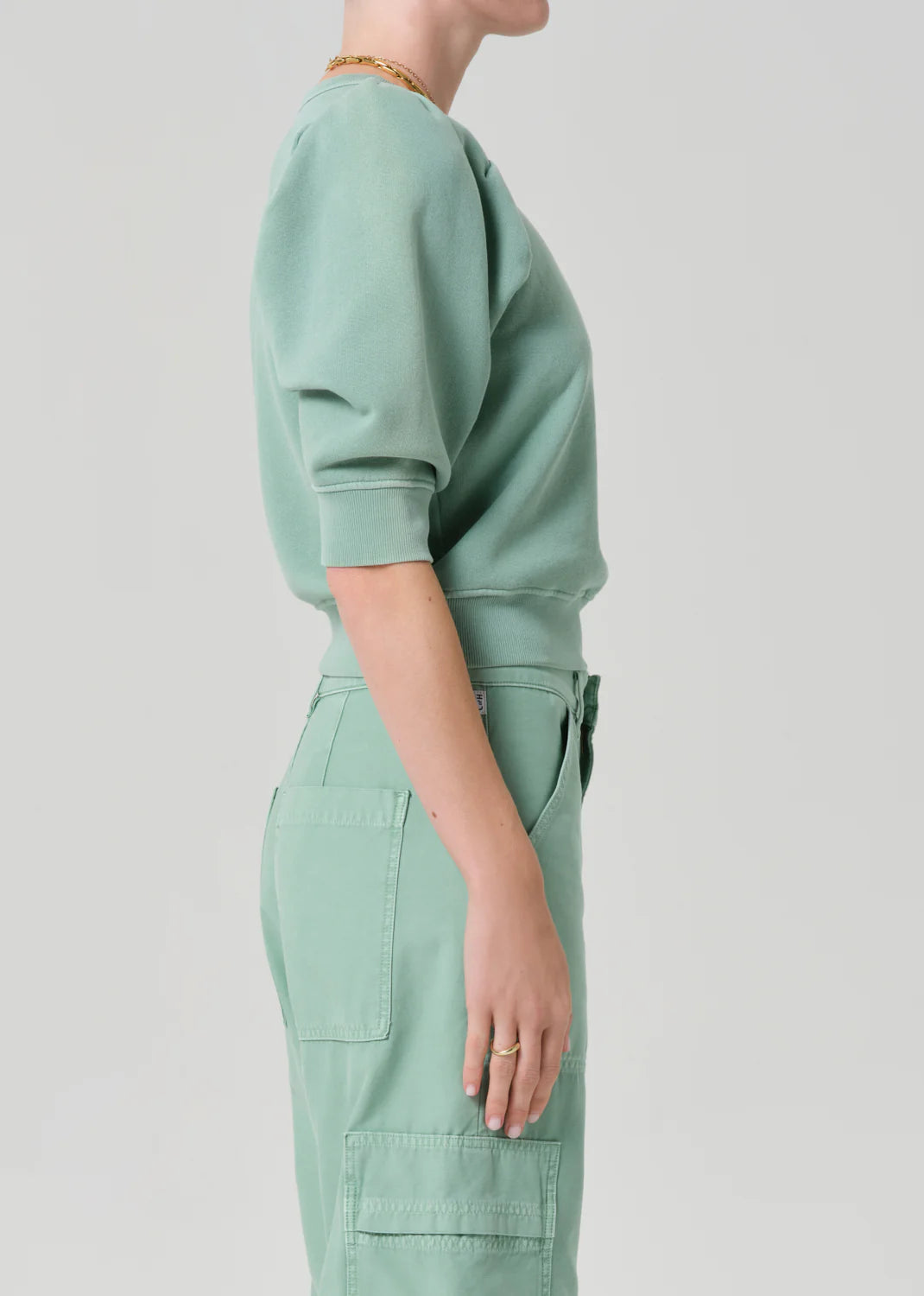 Puff sleeve crewneck Sweater in mint green 