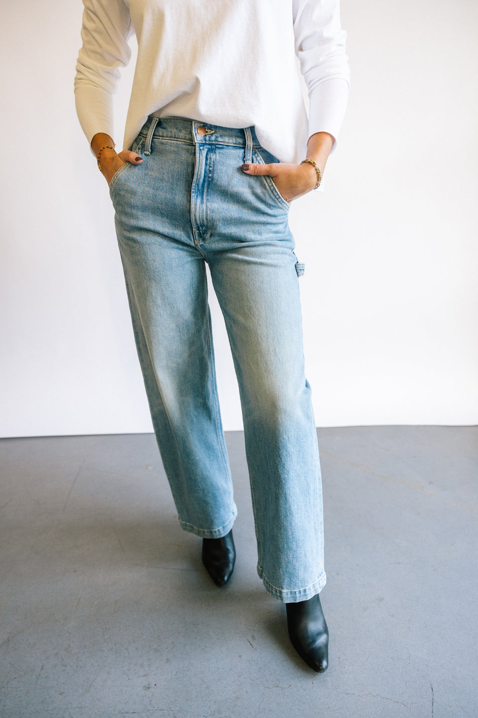 The Mother Denim Stud Finder Flood in Cowboy Front View | Shop Eleanor 