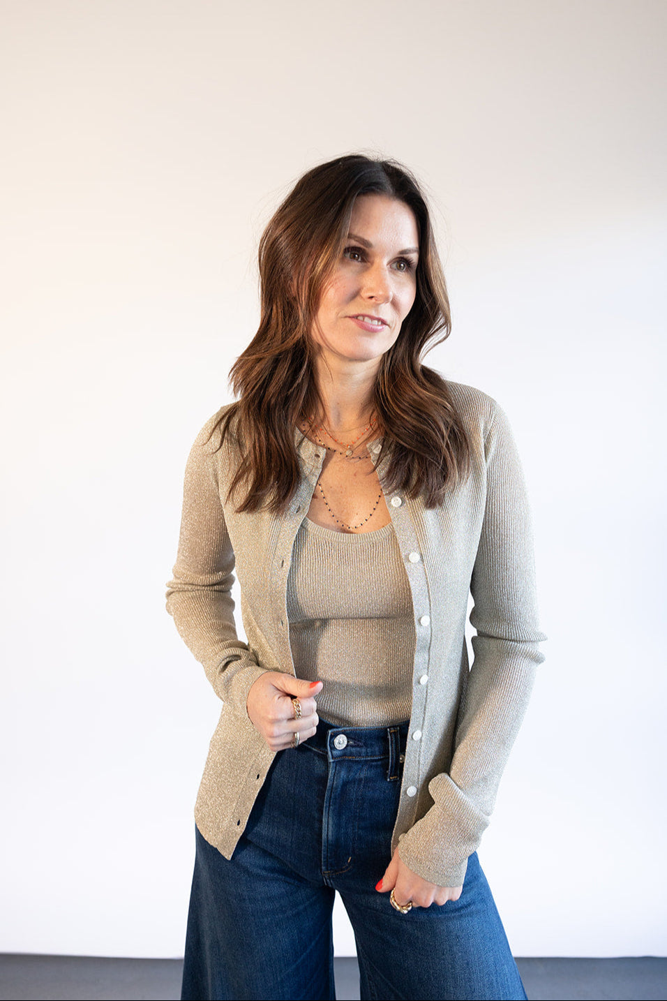 A.L.C. Fisher Cardigan in Light Gold | Shop Eleanor