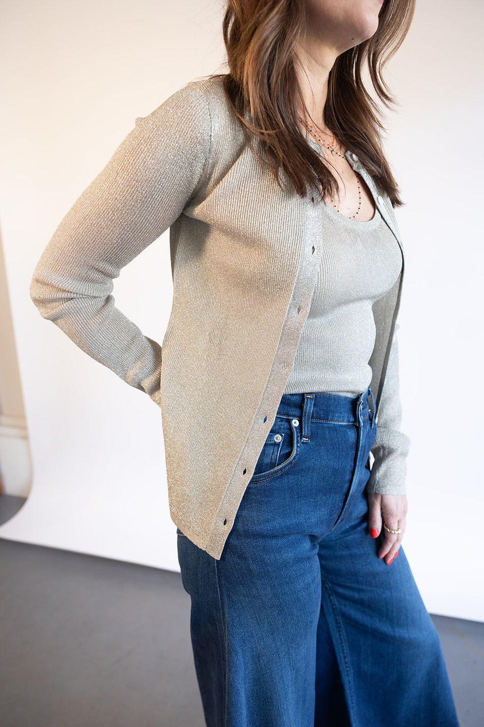 A.L.C. Fisher Cardigan in Light Gold | Shop Eleanor