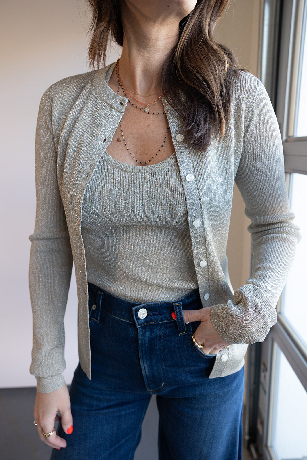 A.L.C. Fisher Cardigan in Light Gold | Shop Eleanor