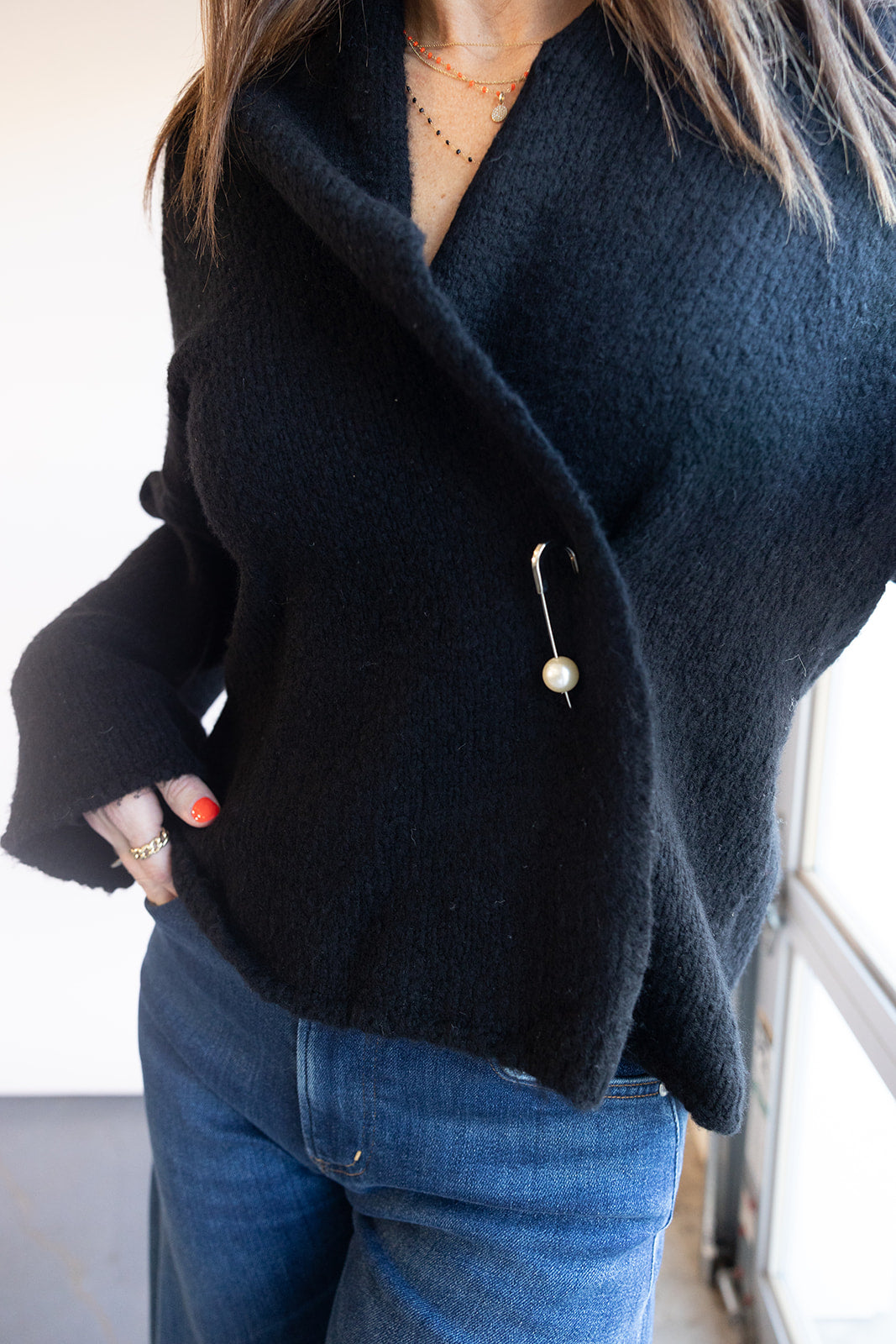 Velvet Chanson Pin Cardigan in Black | Shop Eleanor