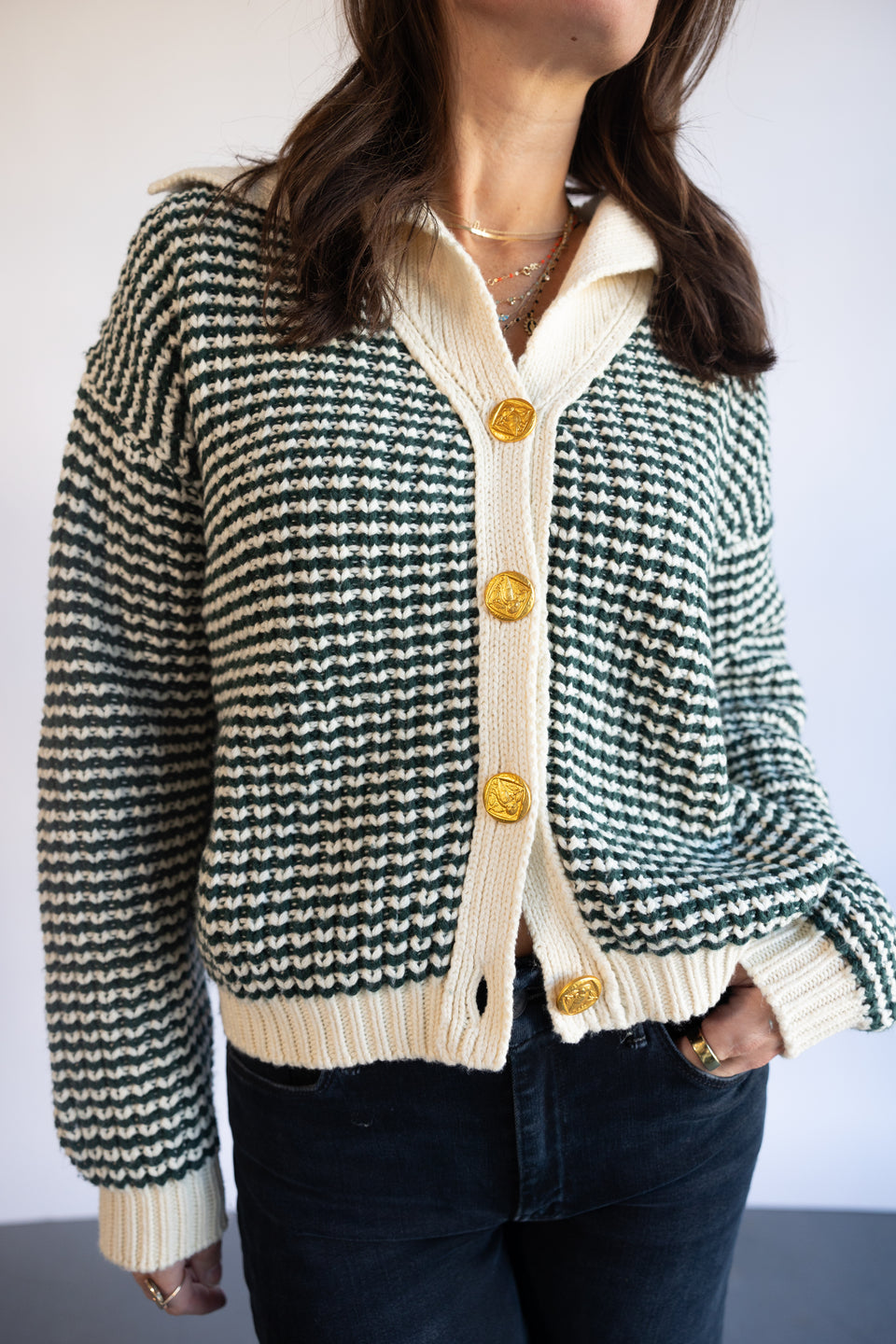 The Trovata Savannah Cardigan in Forest Stripes | Shop Eleanor 