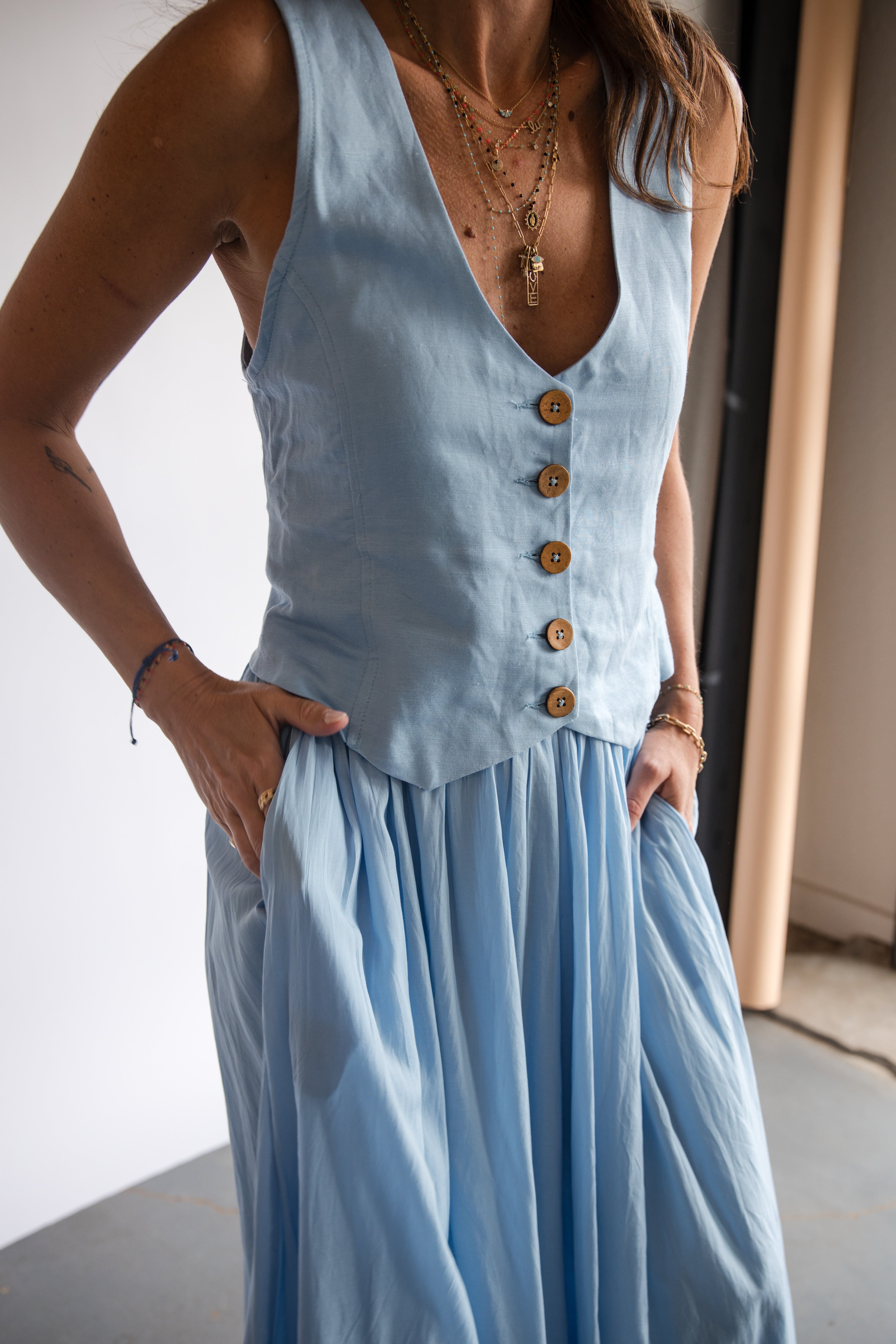 Elan V-Neck Light Blue Tailored Vest | Shop Eleanor