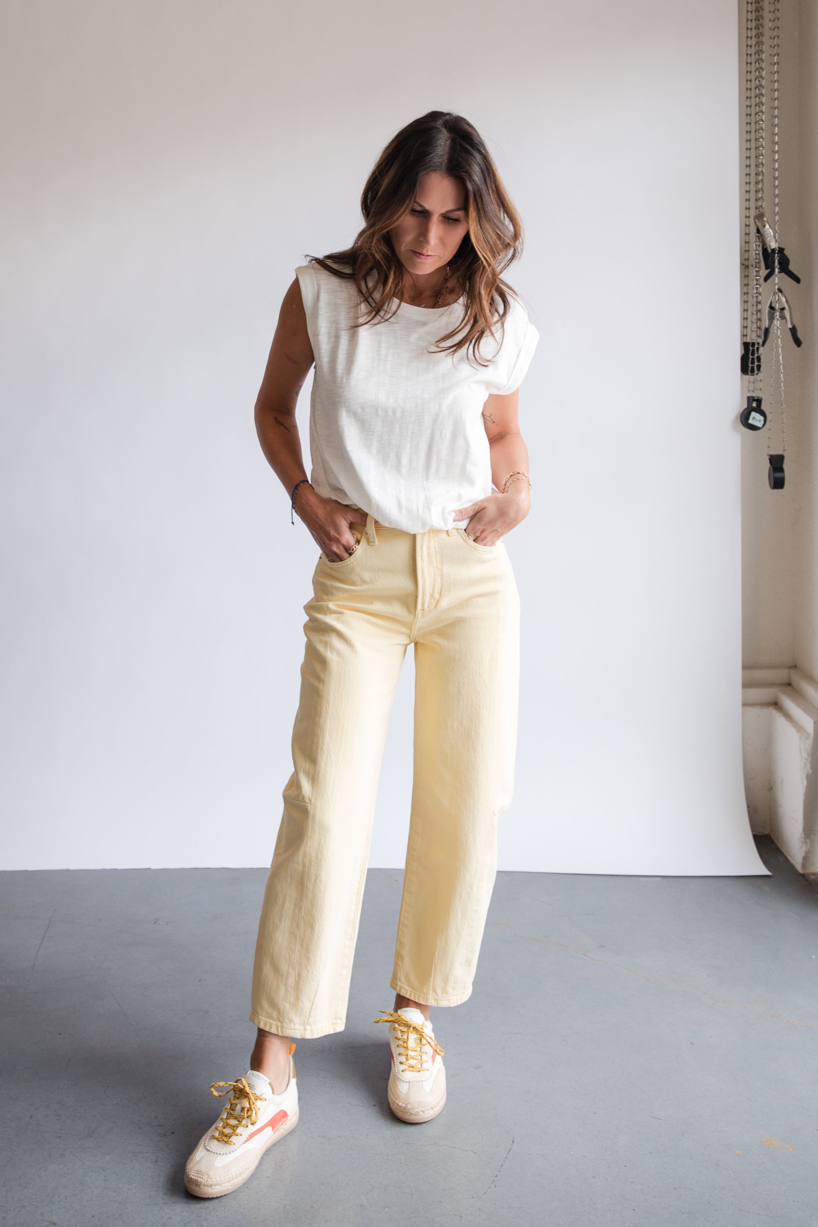 Pistola Eli High Rise Arched Leg Jean in Buttercup | Shop Eleanor

