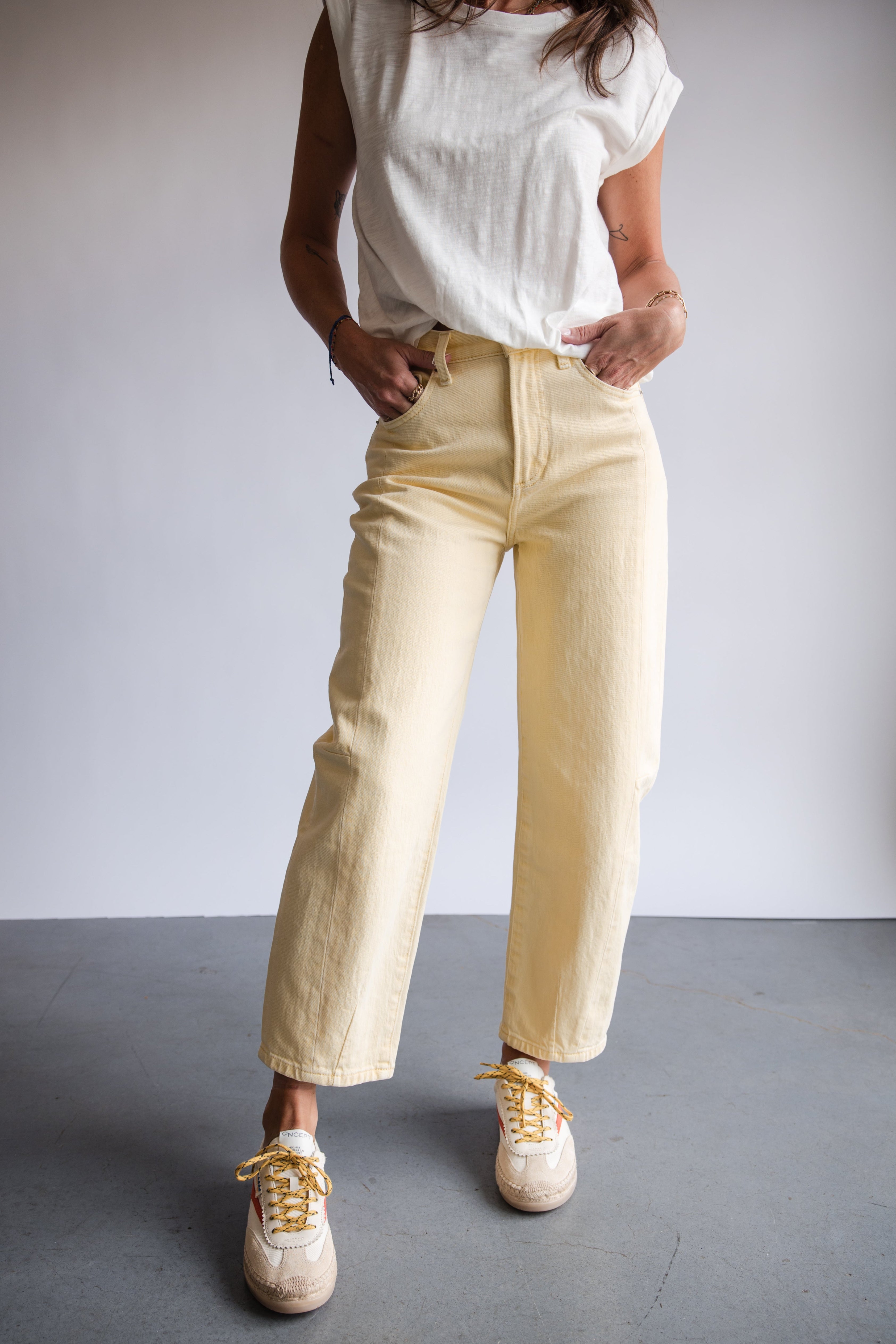 Pistola Eli High Rise Slightly Cropped Arched Leg Jean in Buttercup | Shop Eleanor
