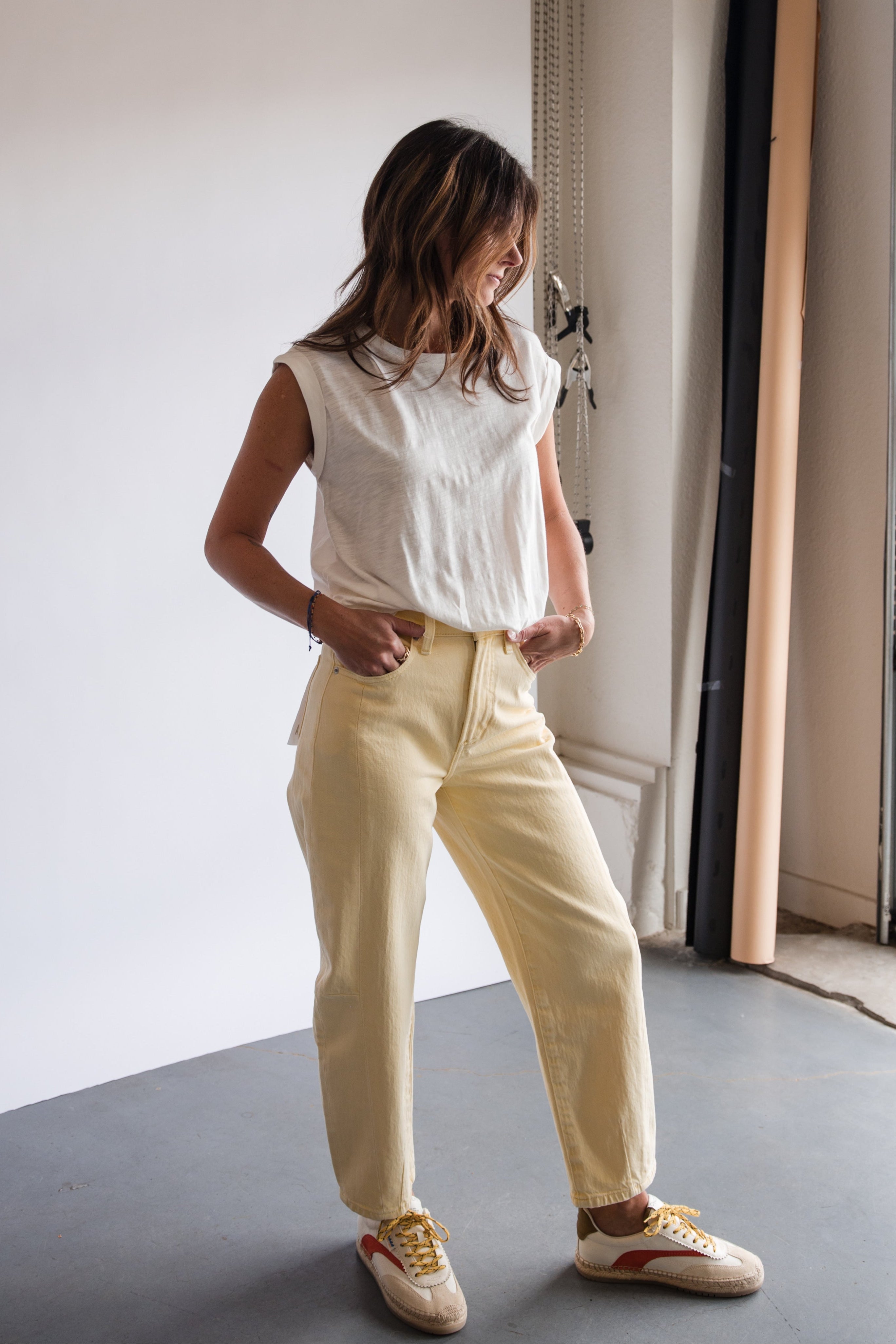 Pistola Eli High Rise Arched Leg Jean in Buttercup | Shop Eleanor

