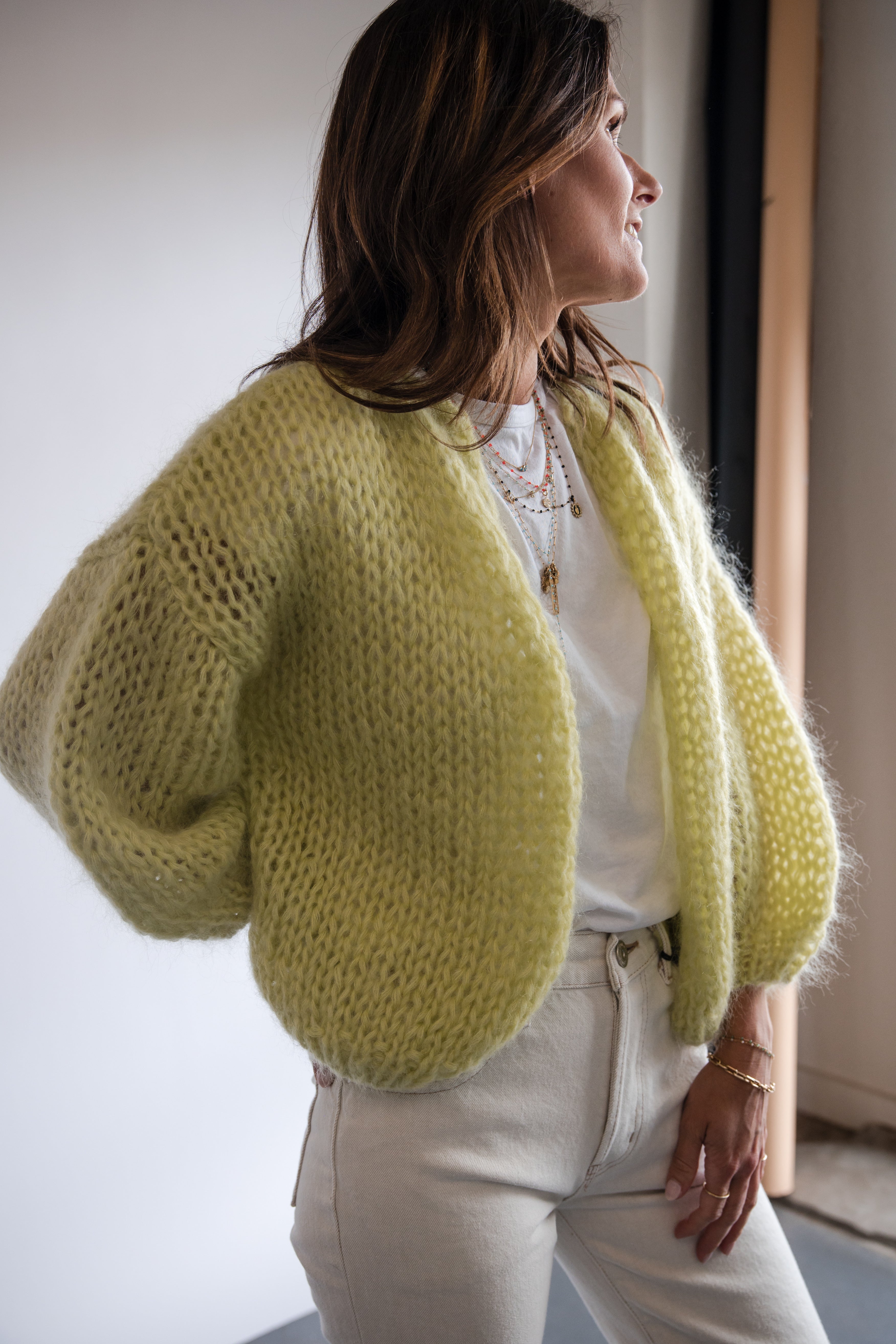 Maiami Bomber Knitted Cardigan in Lime | Shop Eleanor