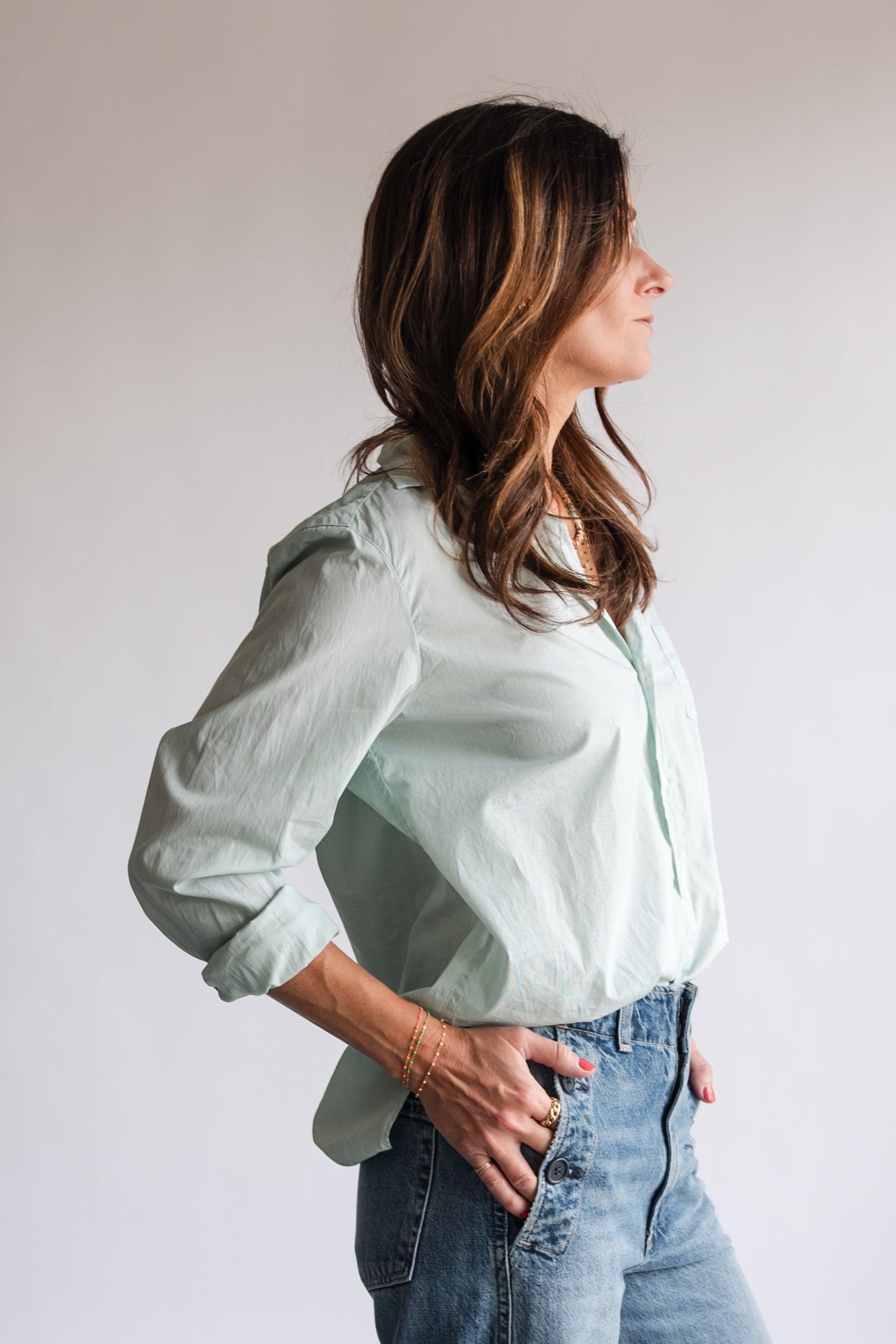 Eileen Relaxed Button Up in Micro Green Stripe | Shop Eleanor