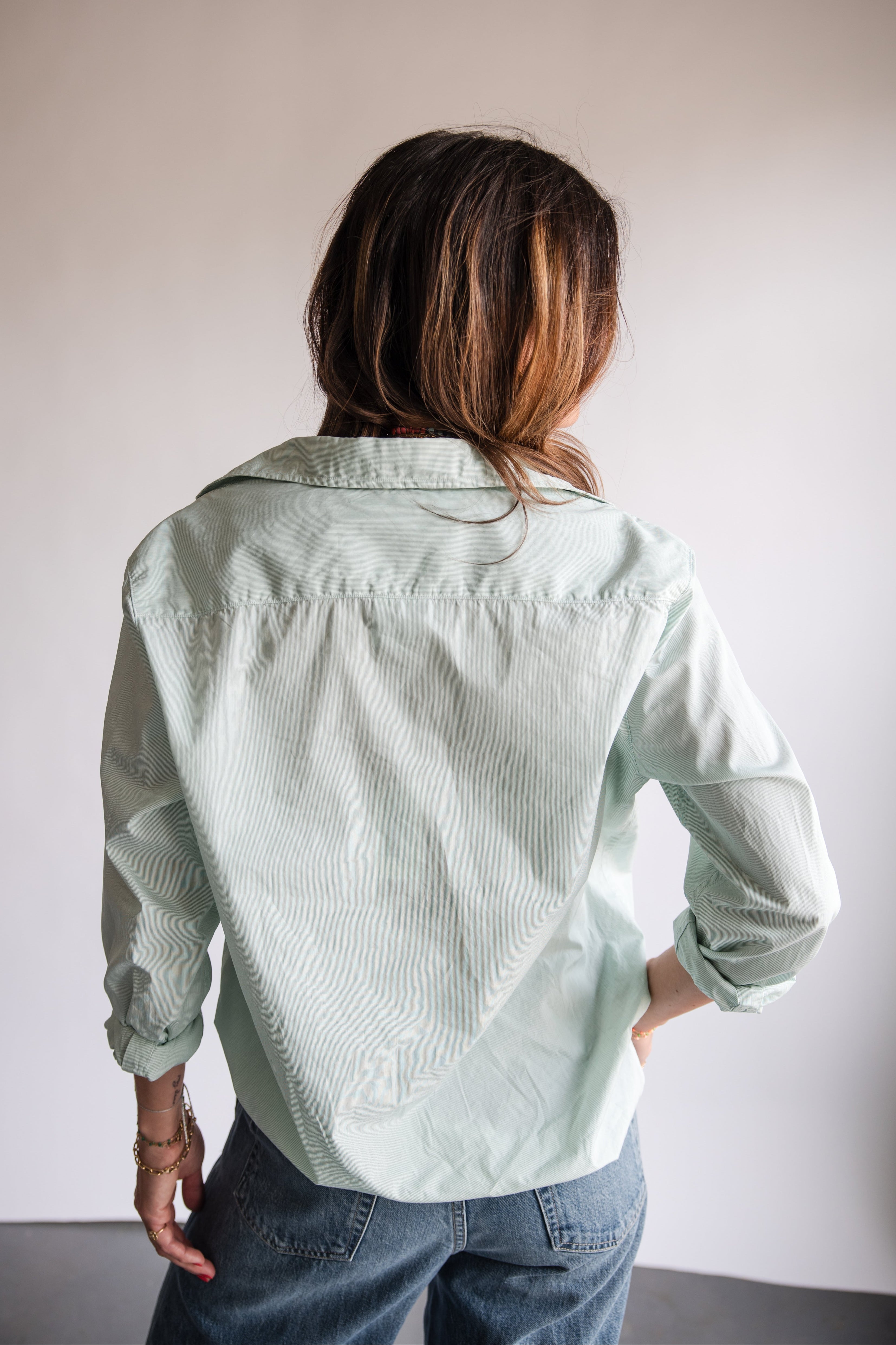 Frank & Eileen Relaxed Effortless Button Up in Micro Green Stripe | Shop Eleanor