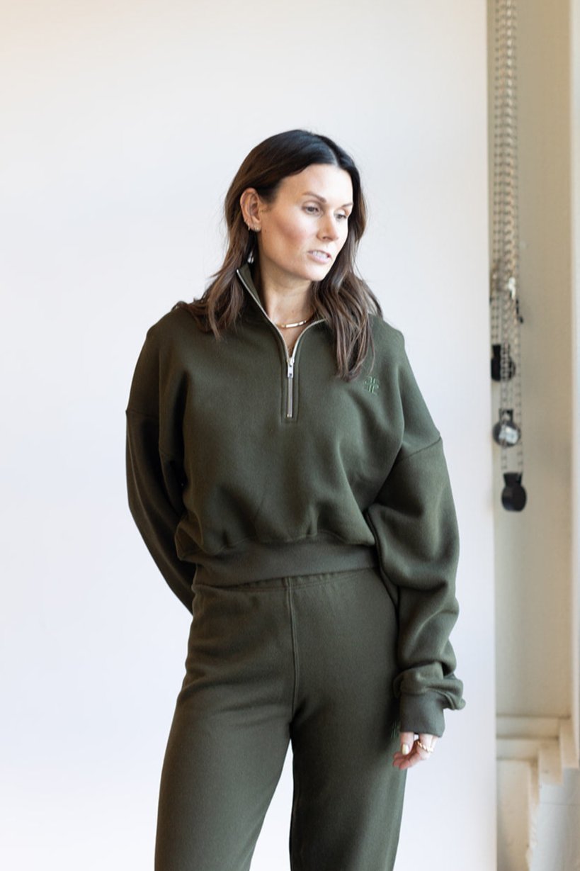 Eterne Cropped Half Zip Sweatshirt in Moss | Shop Eleanor