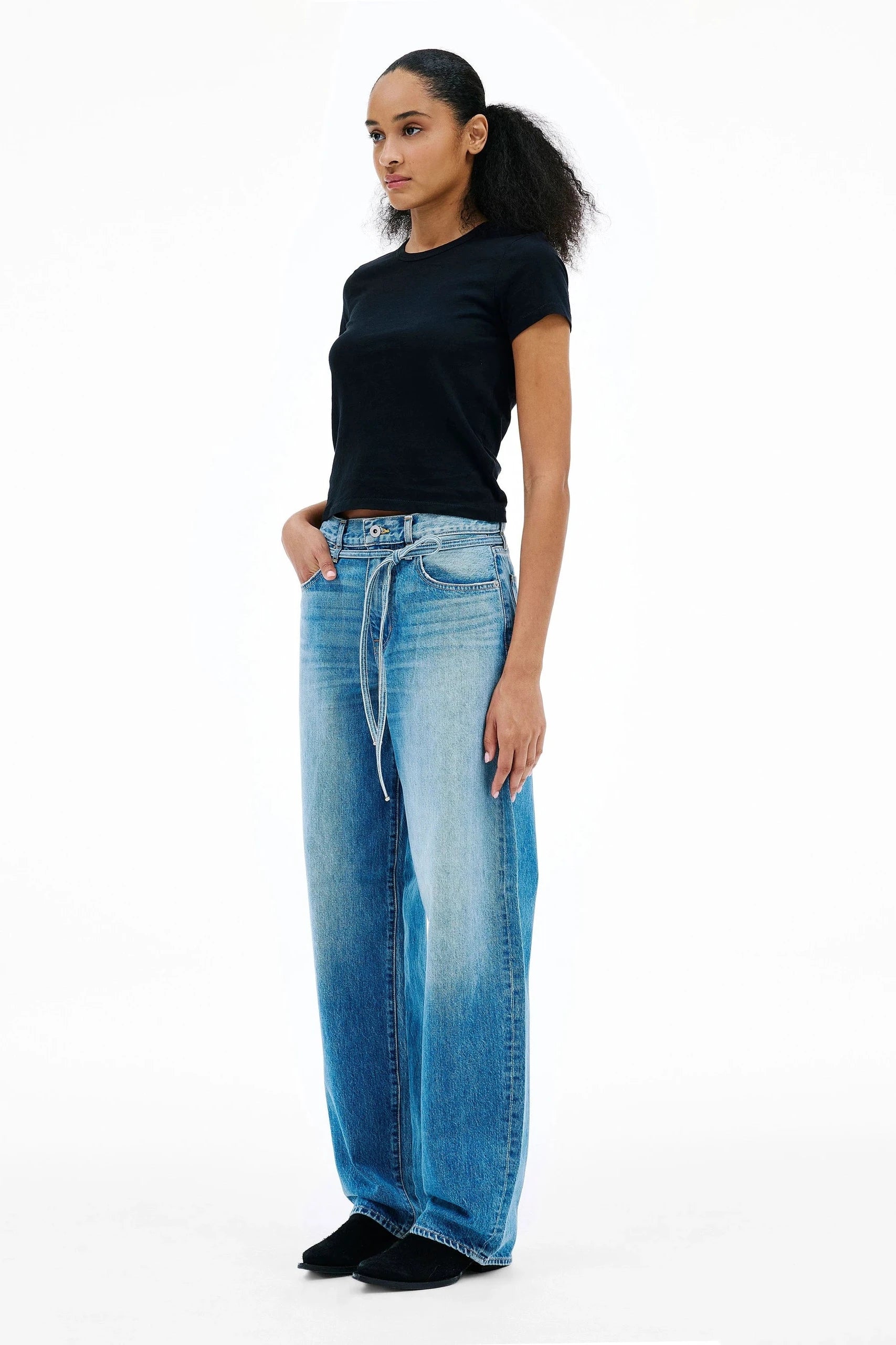 Baggy Mid Blue Denim Jeans with ribbon belt | Shop Eleanor - Women's Online Designer Apparel Boutique 