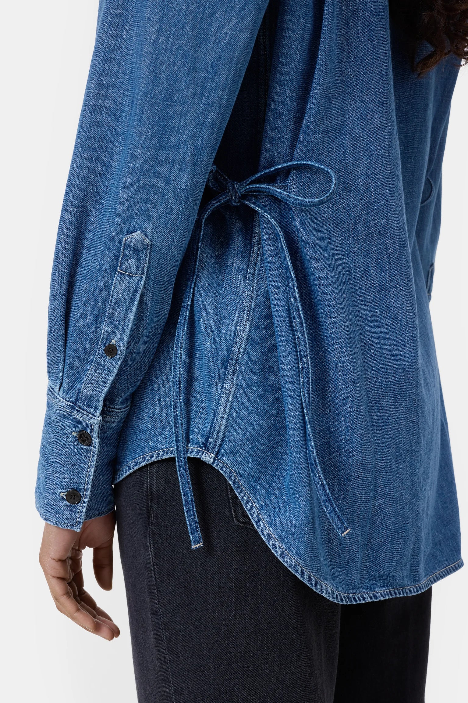 denim side ribbon blouse shirt