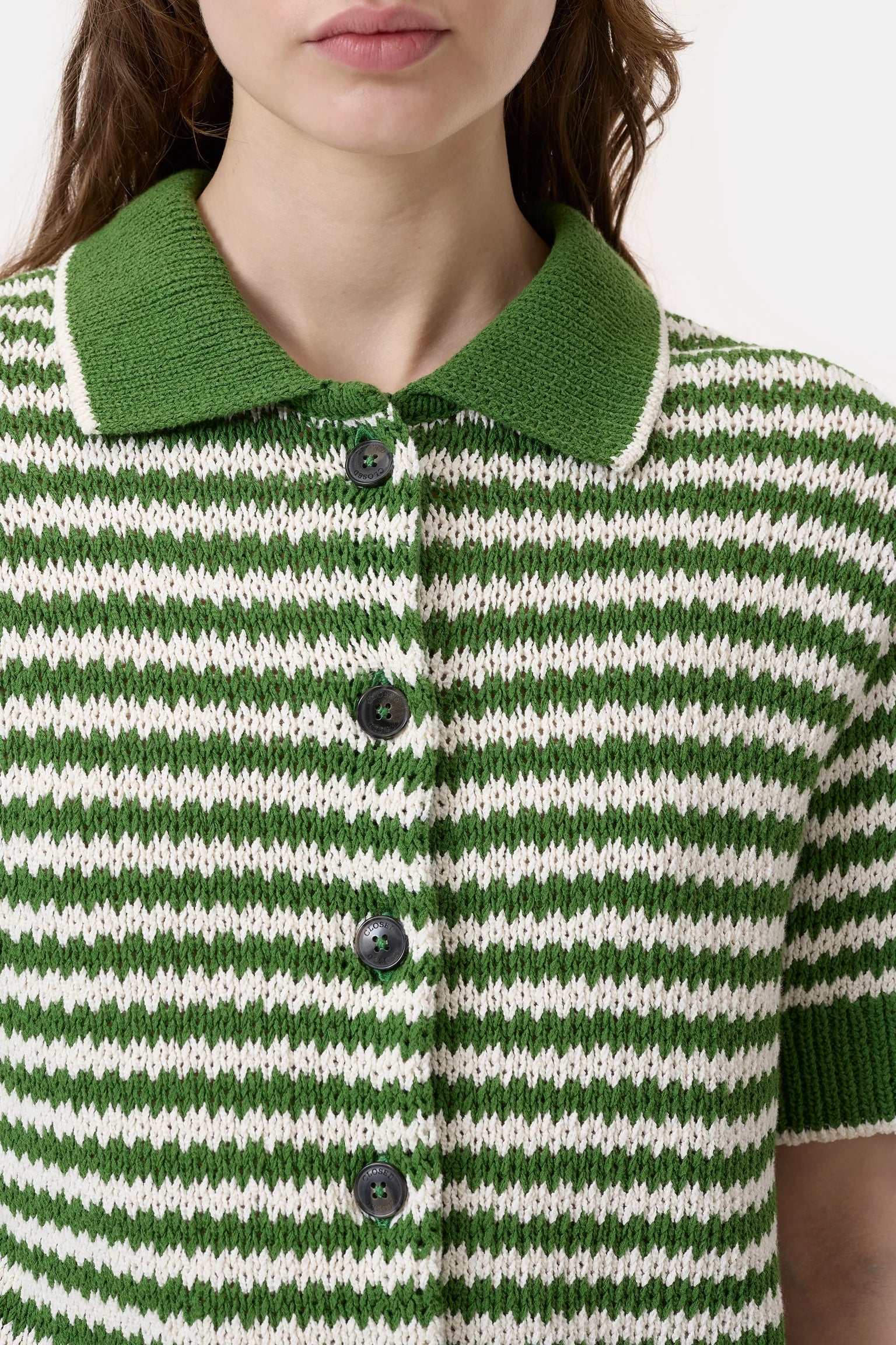 CLOSED Short Sleeve Collared Cardigan in Matcha Green | Shop Eleanor