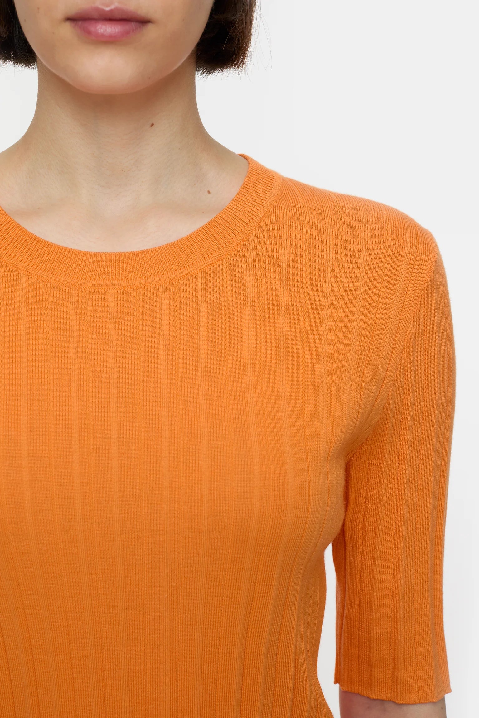 CLOSED Crew Neck Pleated Rib Half Sleeve Top in Orange | Shop Eleanor