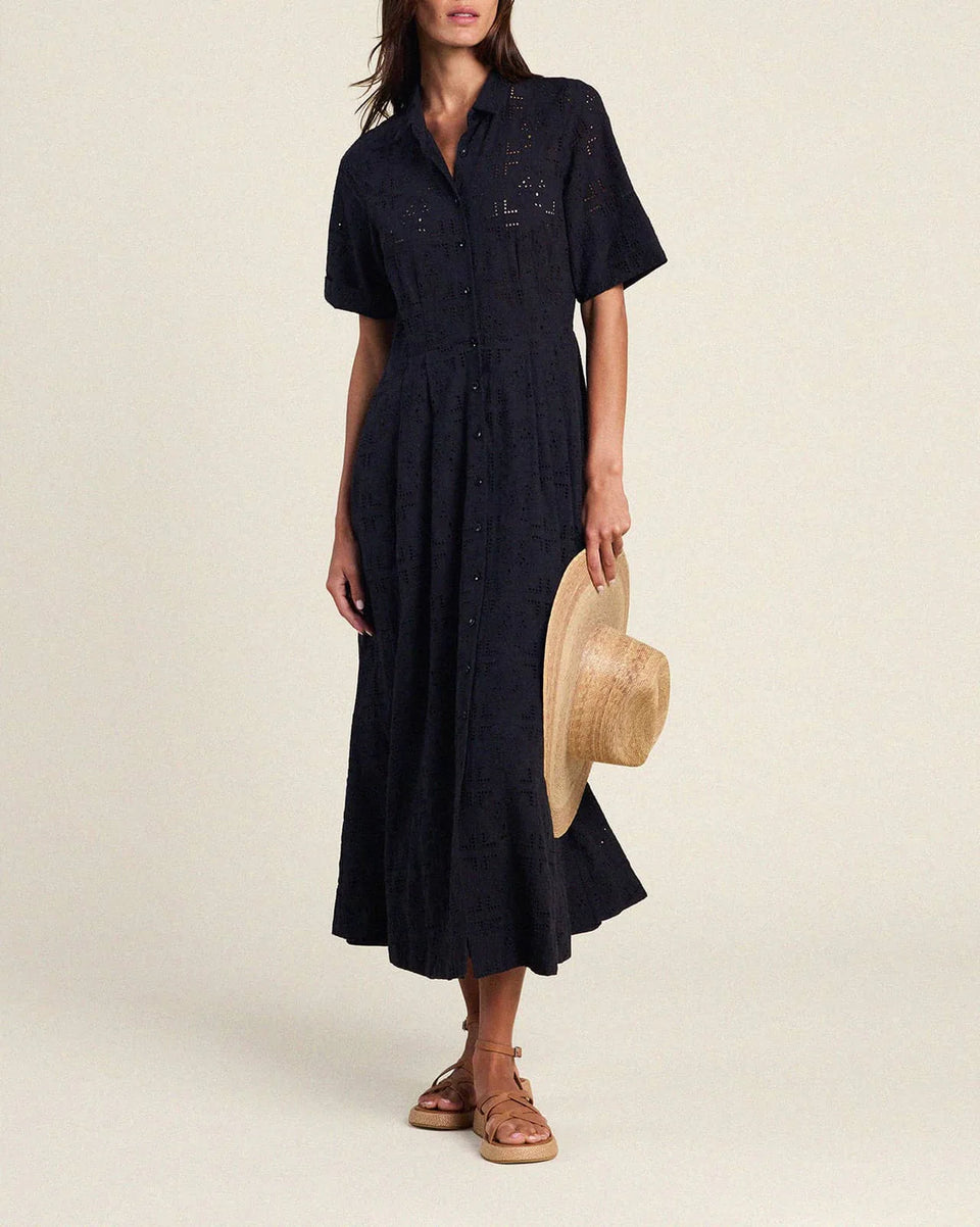 Trovata Short Sleeve Button Front Maxi Aster Dress in Black Eyelet | Shop Eleanor