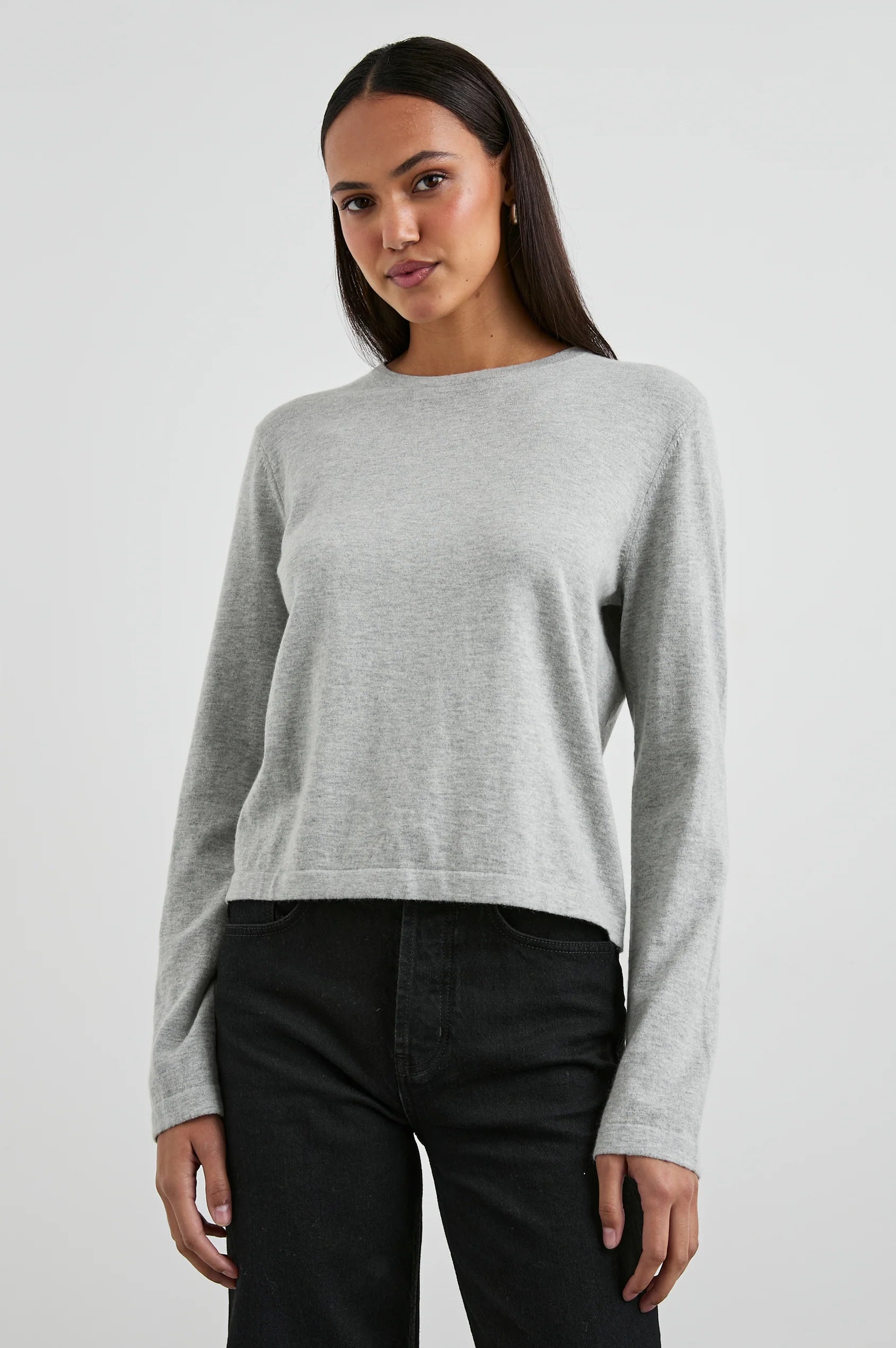 High quality basics, light grey cotton cashmere crewneck shirt