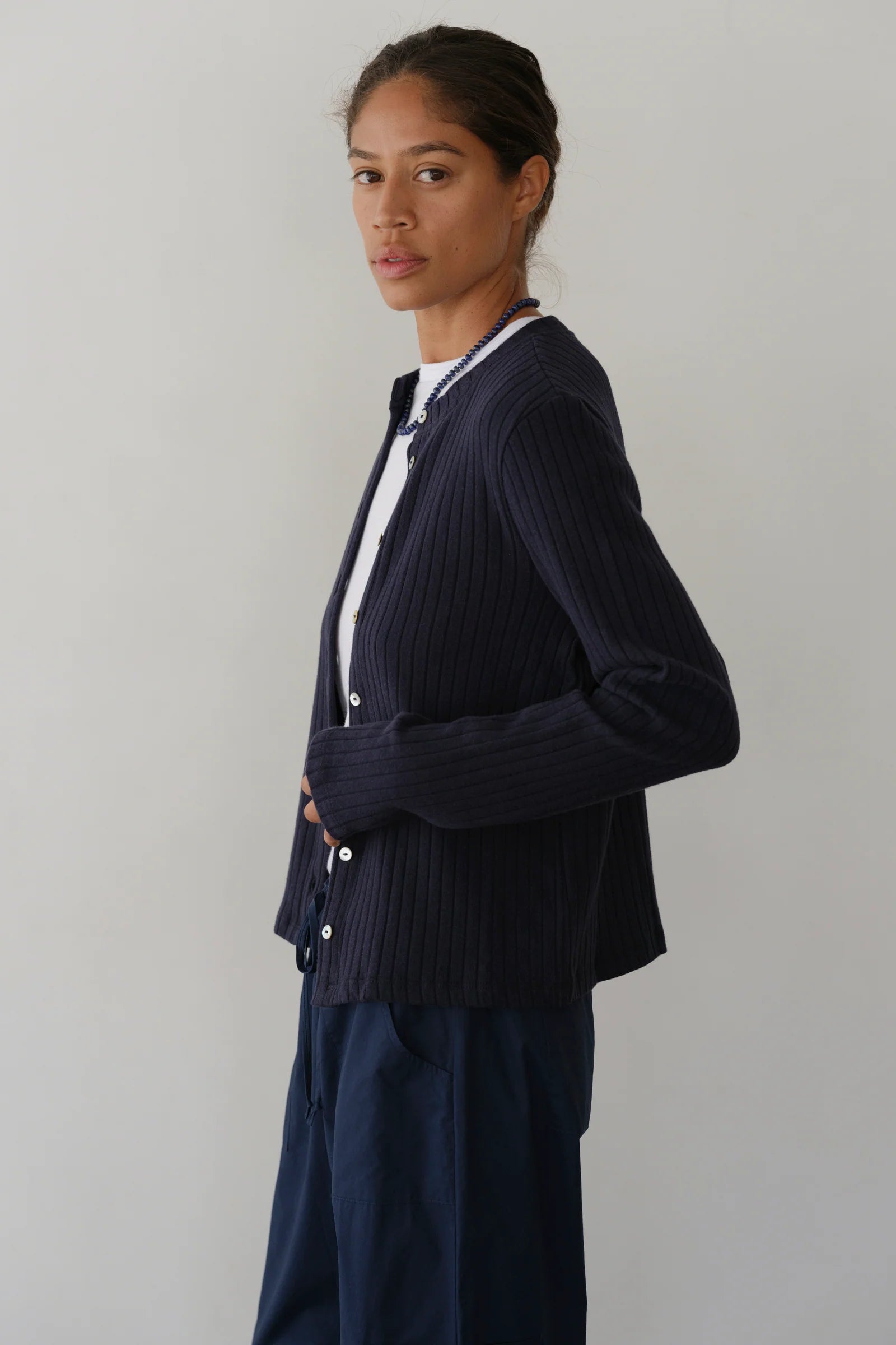 Donni Sweater Rib Soft Cottong Long Sleeve Cardigan in Navy | Shop Eleanor - Women's High-quality Loungewear
