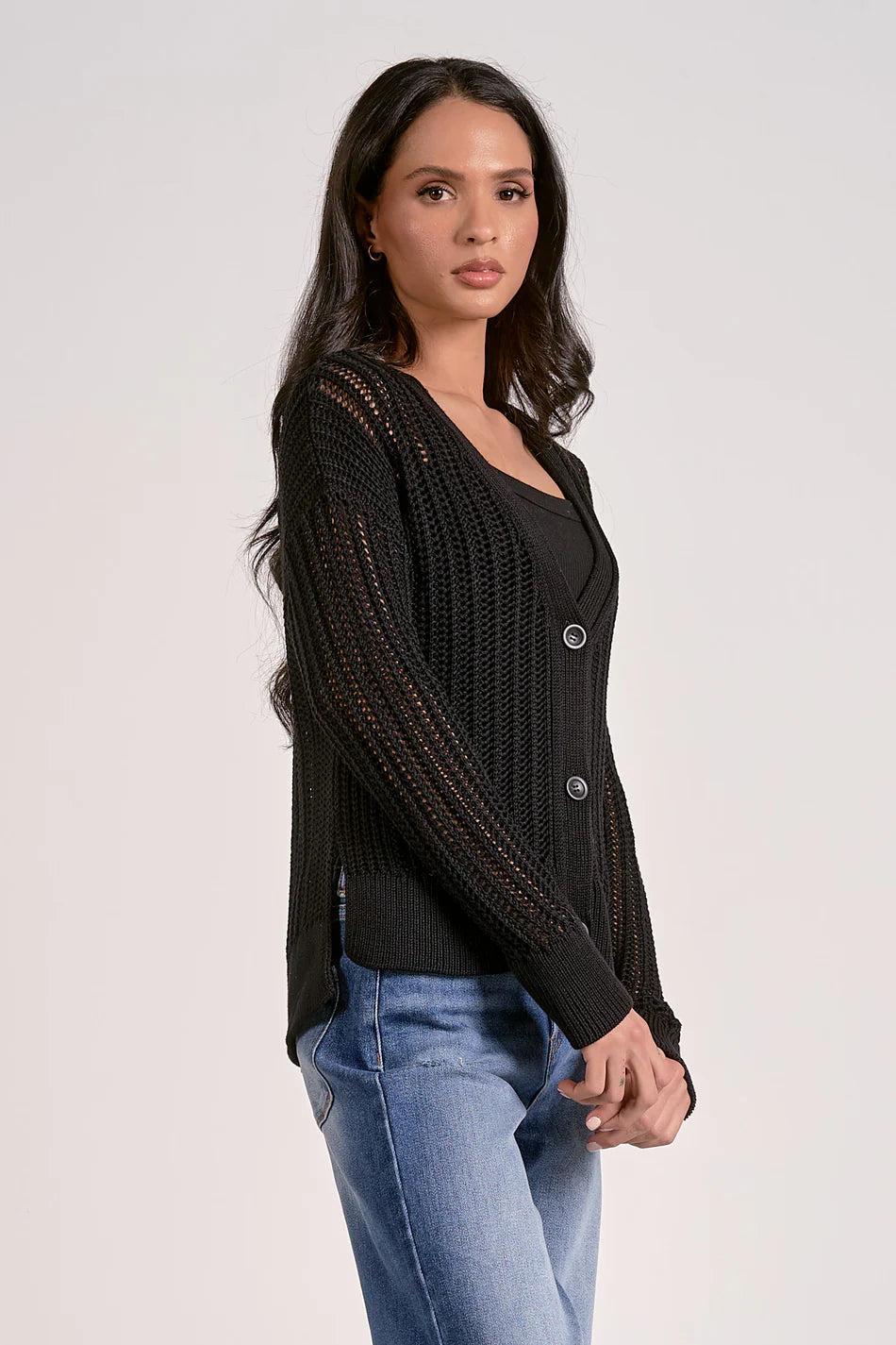 Elan Black Button-Down Open Knit Layering Cardigan | Shop Eleanor - Women's Casual Clothing Boutique in Louisville, CO