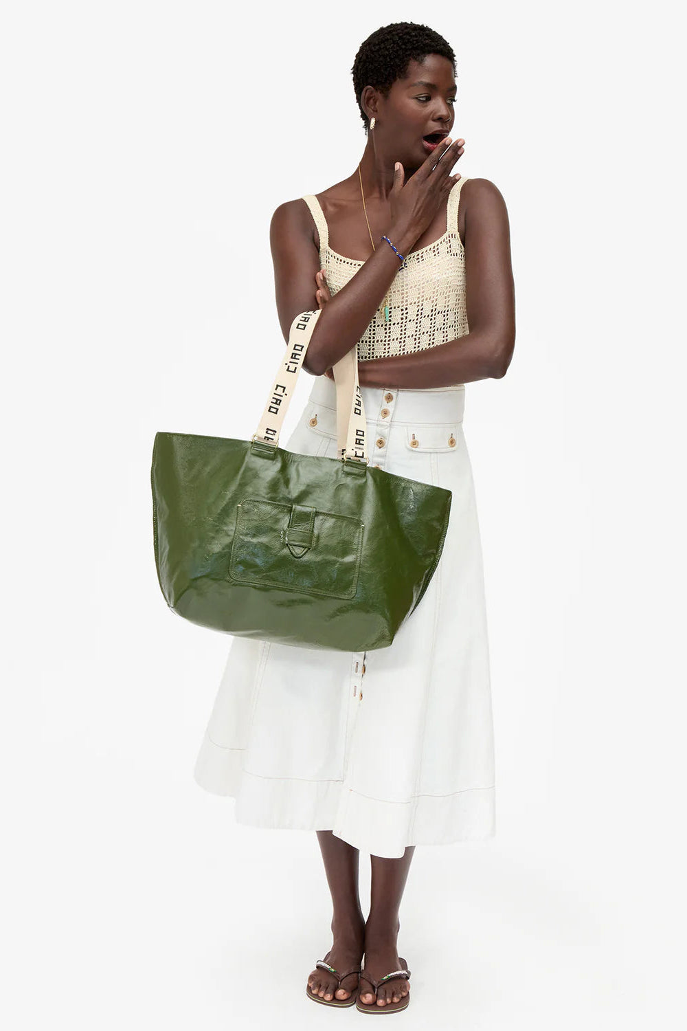 Clare V. Grande Bateau Crinkle Leather Tote in Army | Shop Eleanor