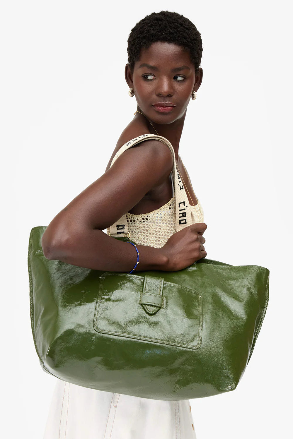 Clare V. Grande Bateau Crinkle Leather Tote in Army | Shop Eleanor