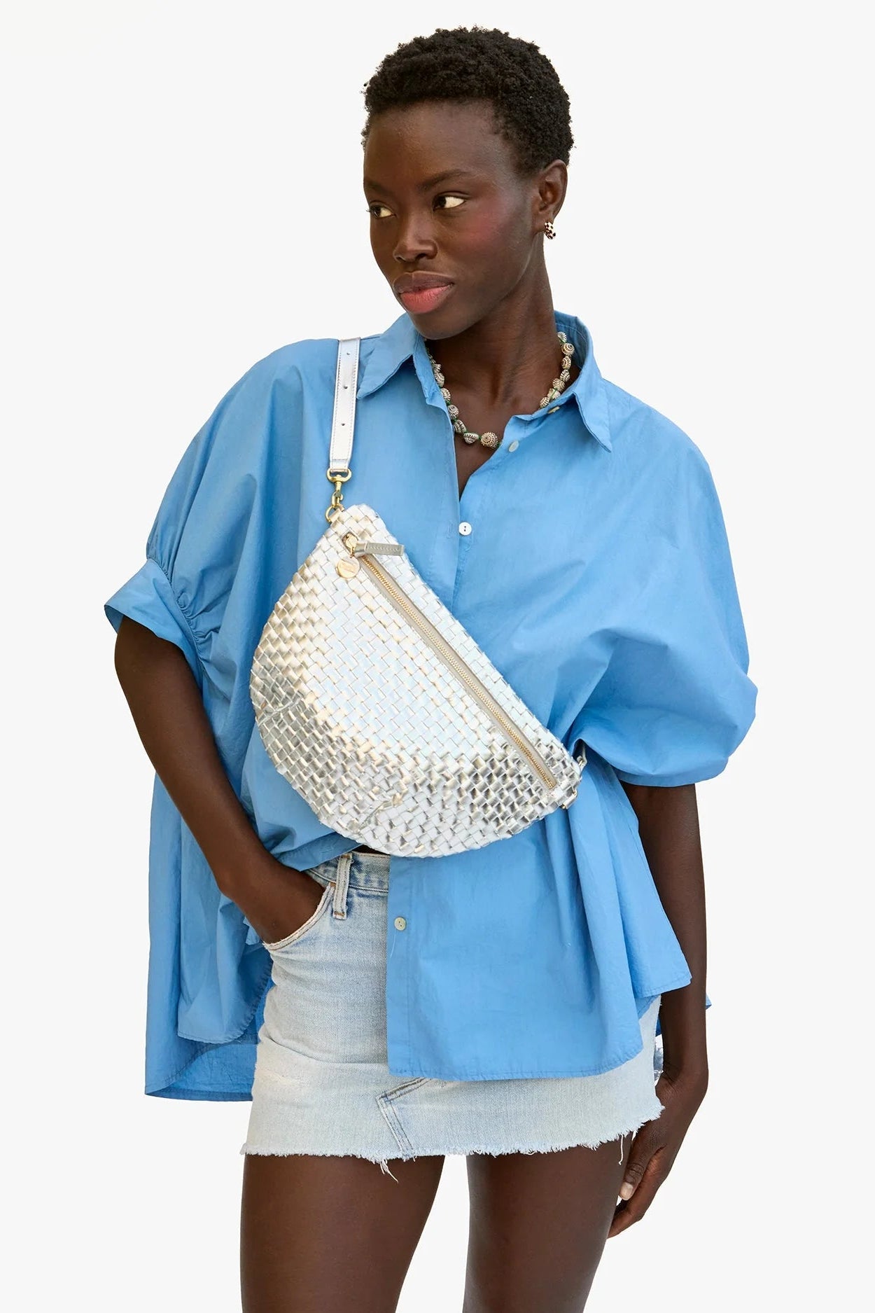 Clare V. Grande Fanny to Crossbody in Silver Specchio | Shop Eleanor - WOmen's Online Luxury Boutique