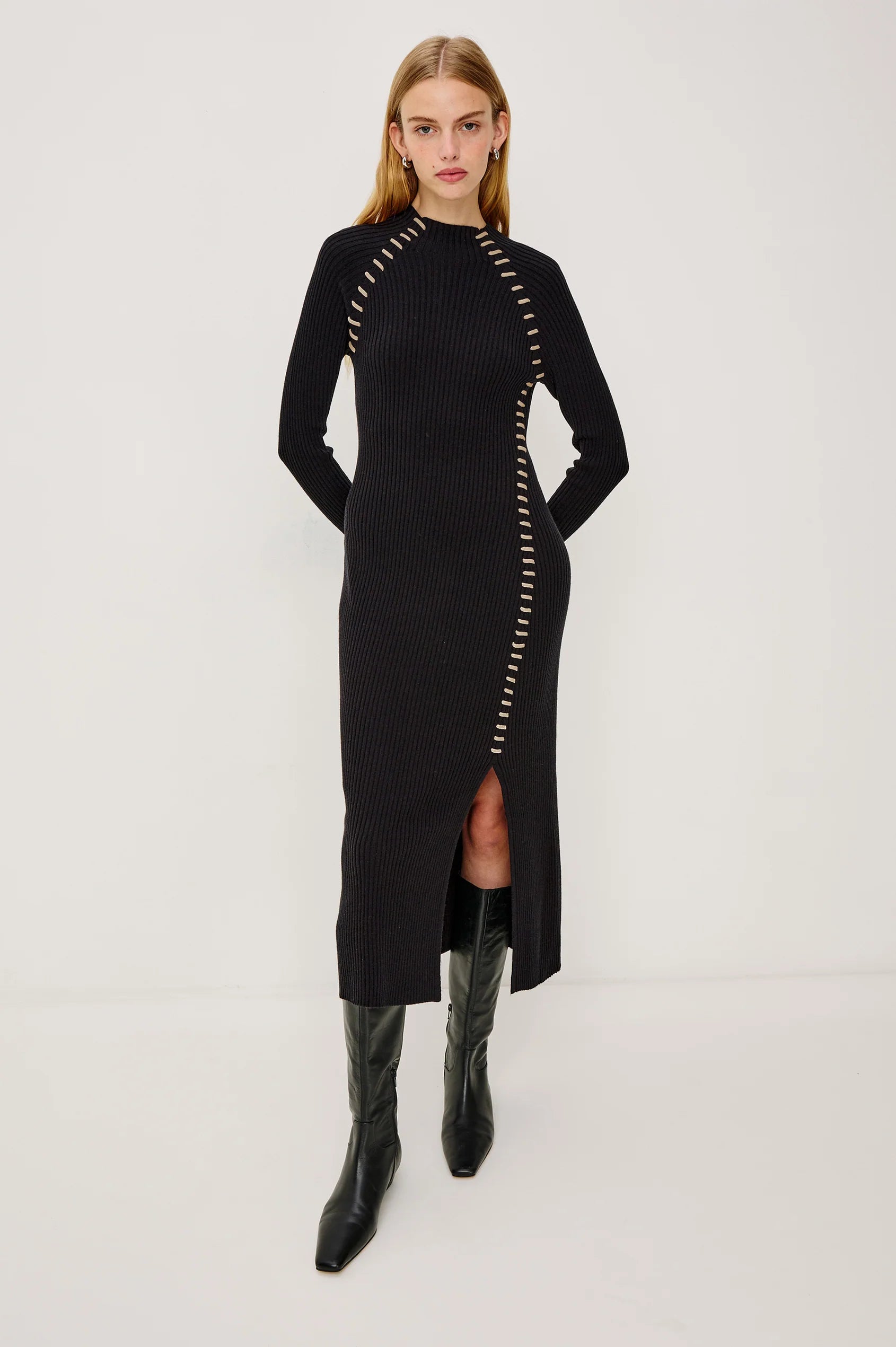 Black knit sweater dress with blanket stitching, soft and warm, perfect for holiday parties