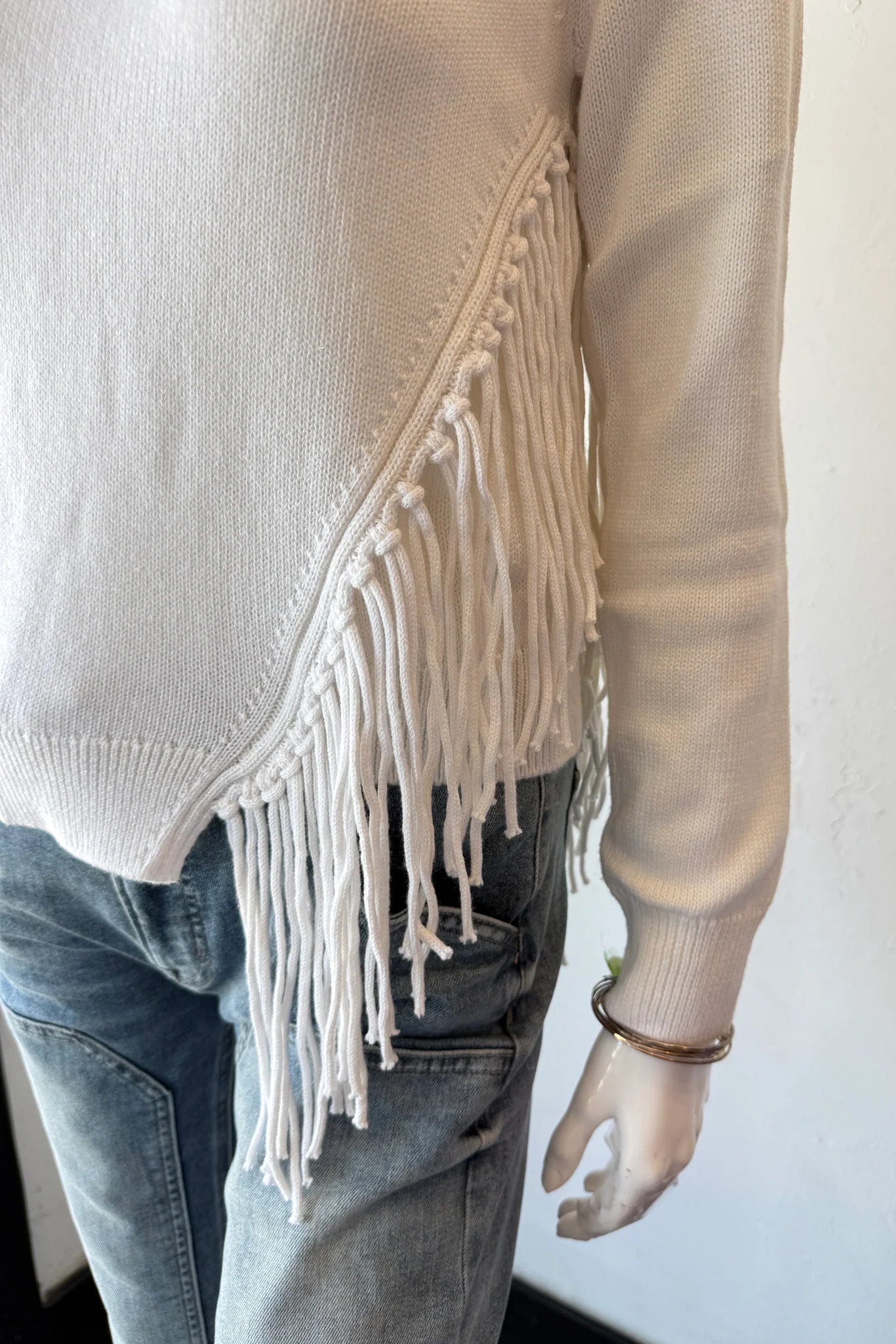 Minnie Rose Cotton Cashmere Asymmetrical Fringe Crew Neck Sweater | Shop Eleanor - Women's Colorado Casual and Cool Clothing Boutique