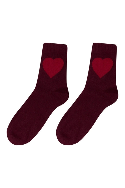 Jumper 1234 Cashmere Heart Socks in Burgundy/Dull Red | Shop Eleanor - Women's Designer Clothing Boutique