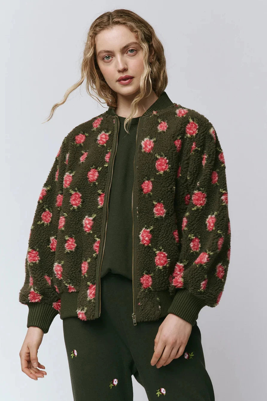 The Great Zip Front Plush Bomber in Woodland Green | Shop Eleanor