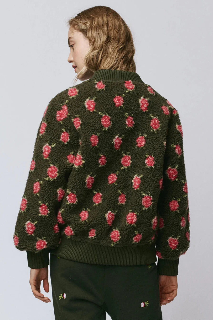 The Zip Front Plush Bomber in Woodland Green by The Great | Shop Eleanor 