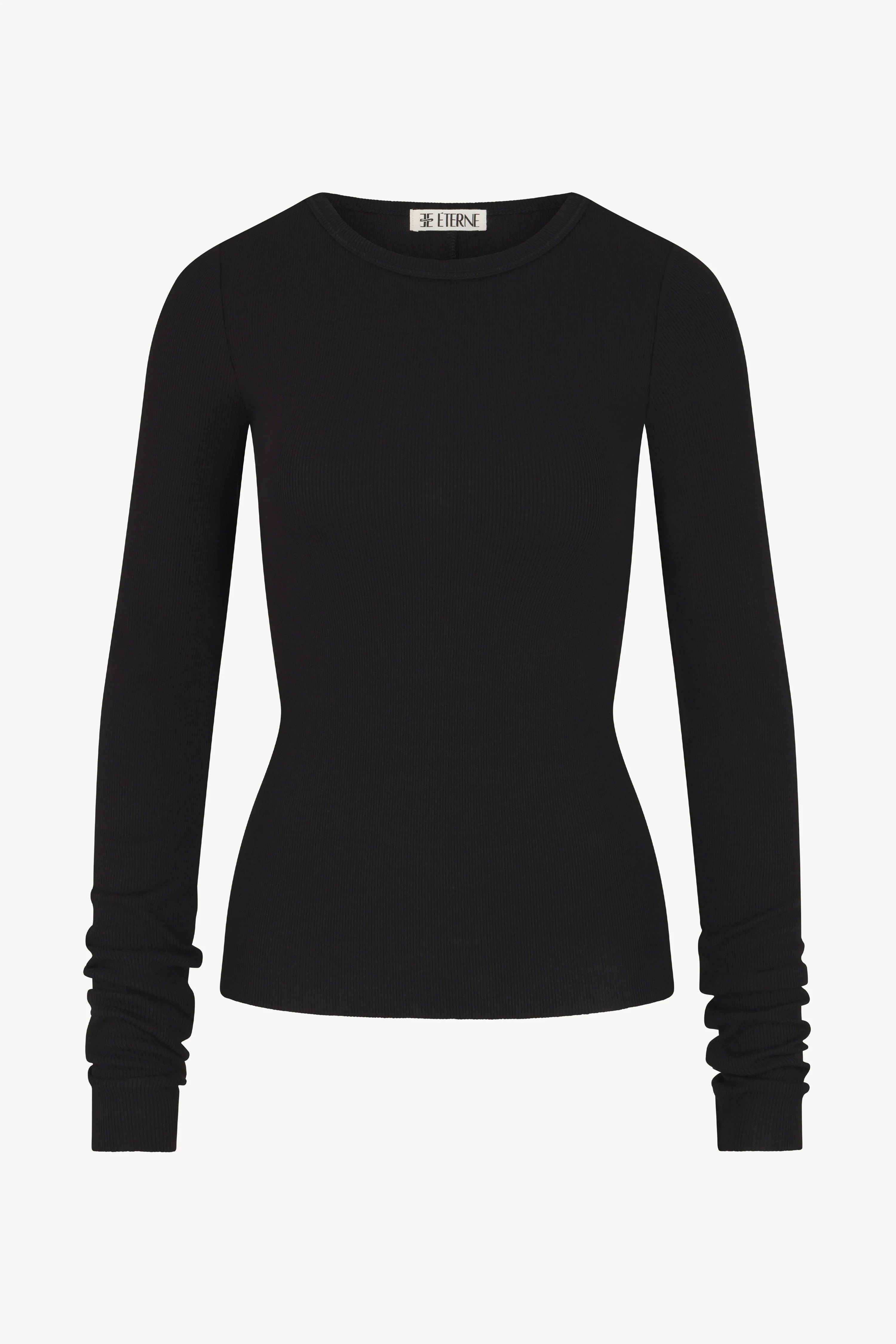 Éterne Long Sleeve Fitted Top in Black Flat View| Shop Eleanor