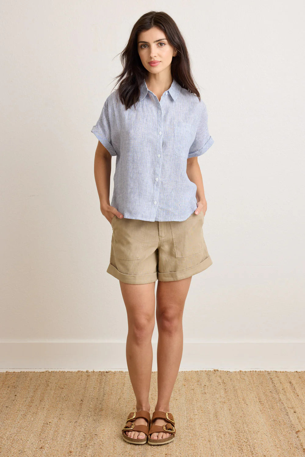 Not Monday Scarlett Short Sleeve Down Button Down Shirt in Blue and White Stripe | Shop Eleanor