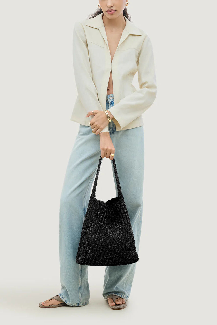 leather and denim double woven tote bag