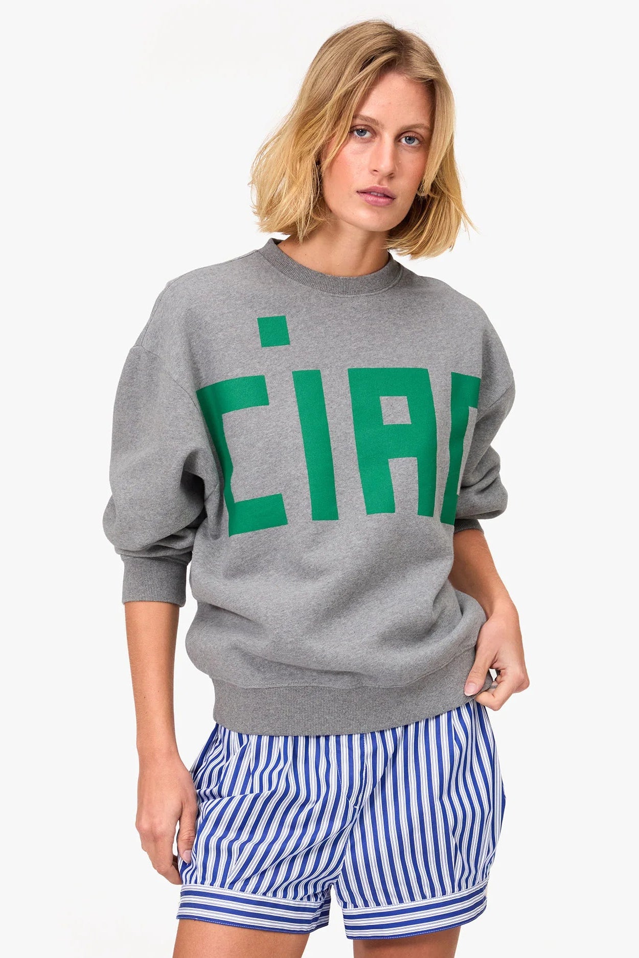 Clare V. Ciao Drop Shoulder Crewneck Sweatshirt in Grey and Fern | Shop Eleanor