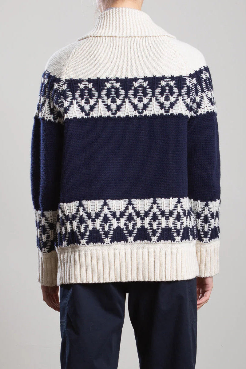 geometric pattern cardigan for fall in navy blue and white