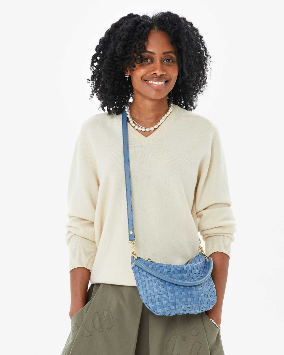 Clare V. Petit Moyen Messenger Bag in Light Blue Checker Woven Leather | Shop Eleanor