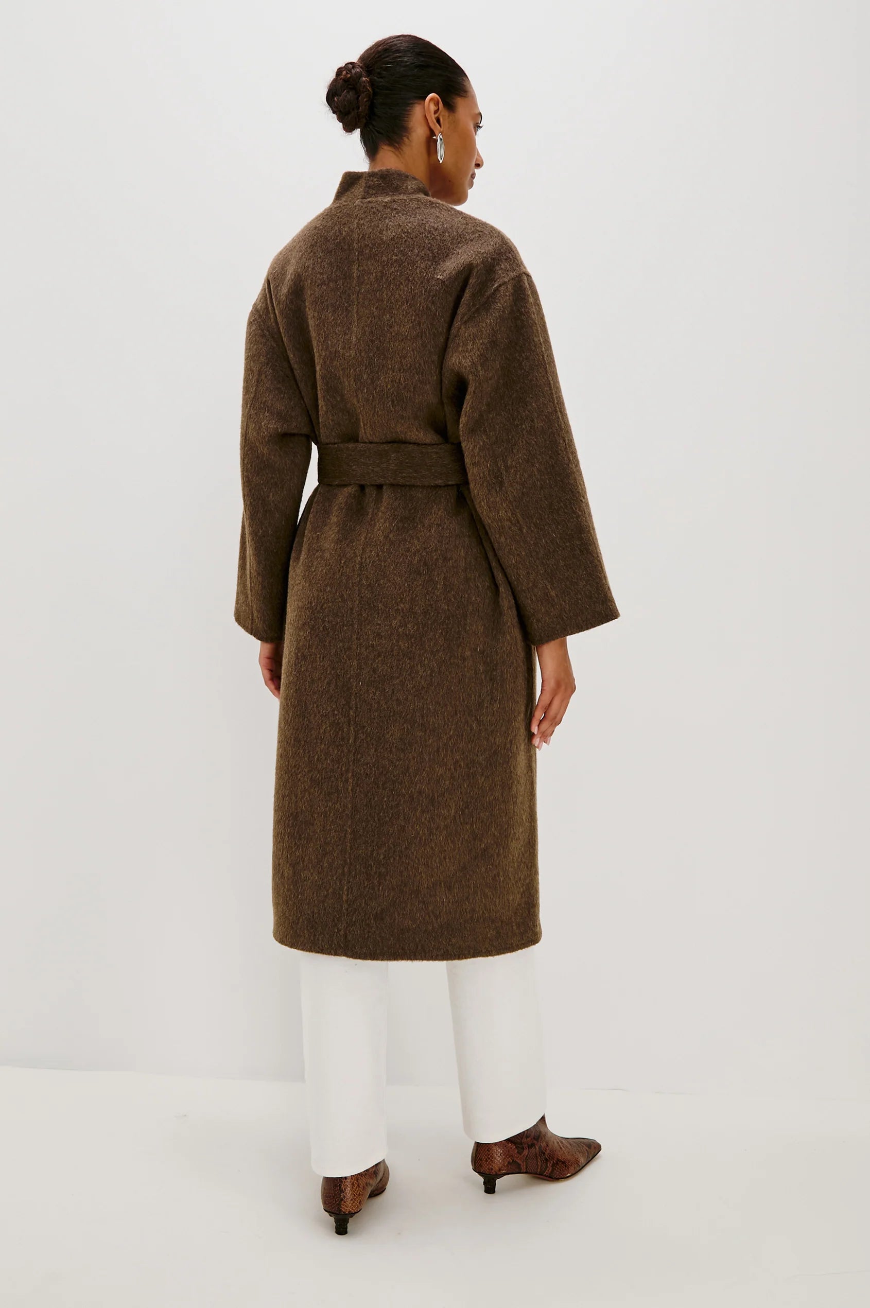 Funnel collar mid length brown wool coat with self tie