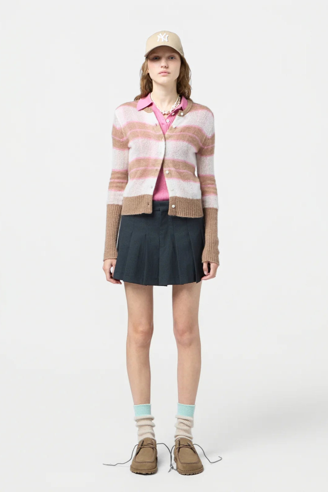 Guest in Residence Cashmere Silk BlendShadow Plaid Cardigan in Pink Brown and White | Shop Eleanor - Women's Designer Clothing