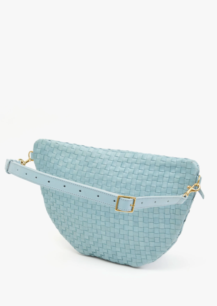 The Grande Fanny Bag from ClareV in Sunbleached Sky Blue Woven Checker