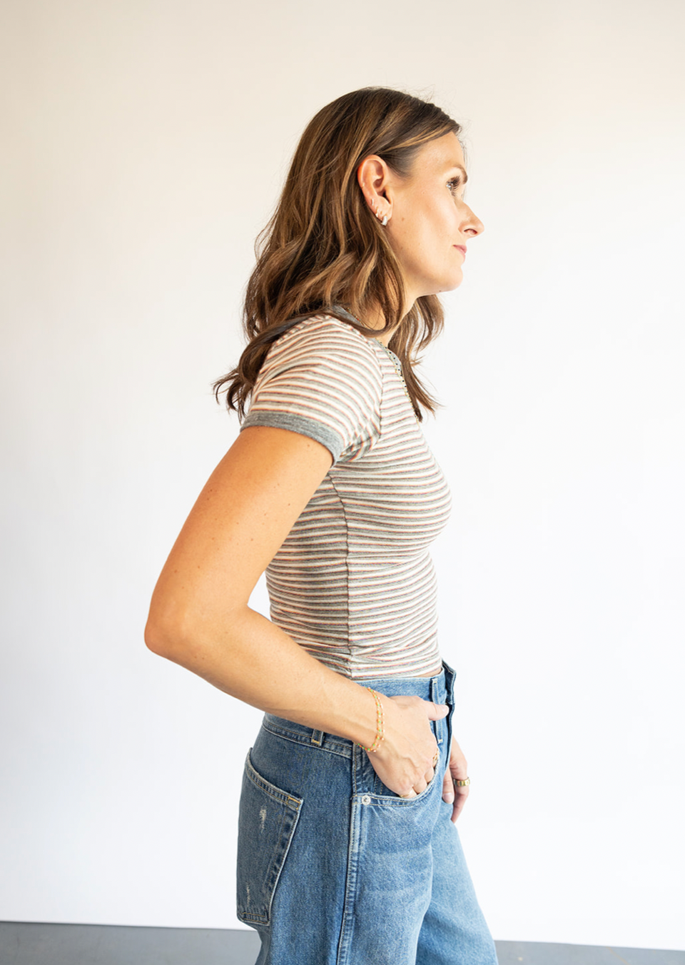 The Mother Denim Itty Bitty Ringer Tee in Red/Multi Stripe 