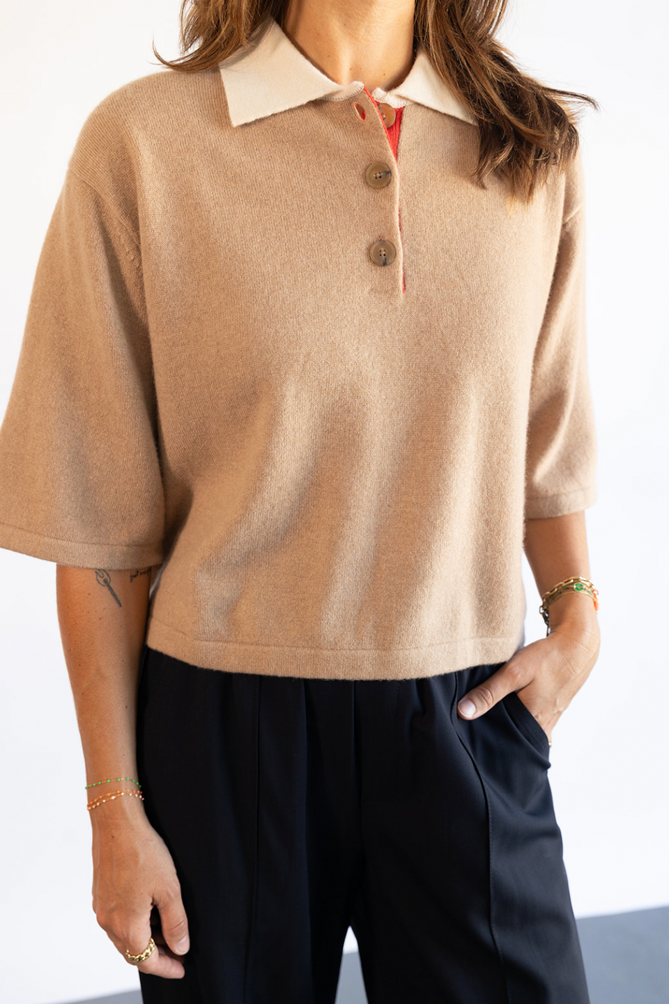 The White + Warren Cashmere Cropped Polo in Camel 